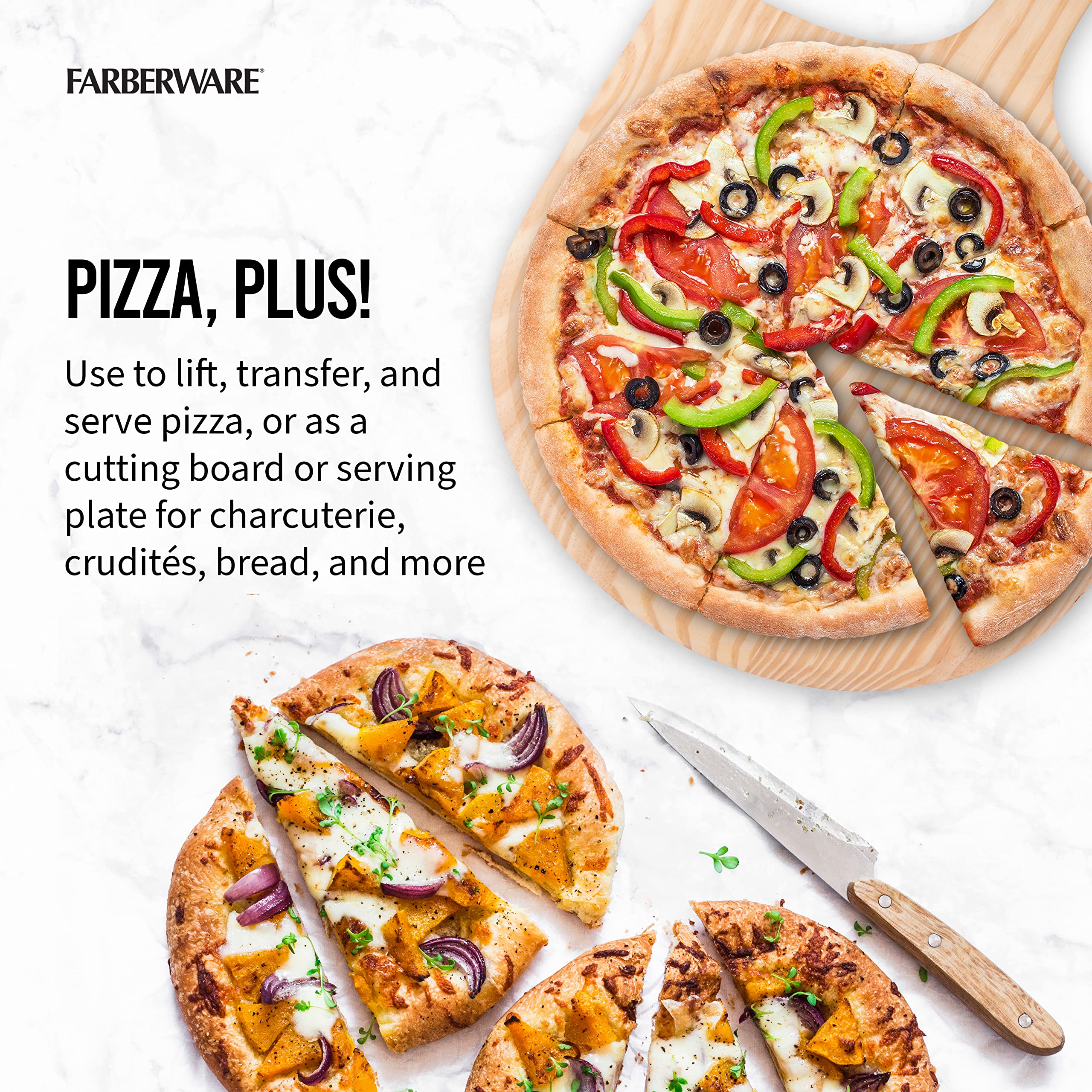 Farberware Bbq Pizza Peel To Transfer Large Pies And Serve, Oven Safe, Solid Pine Wood With Hanging Hole, 18 Inch