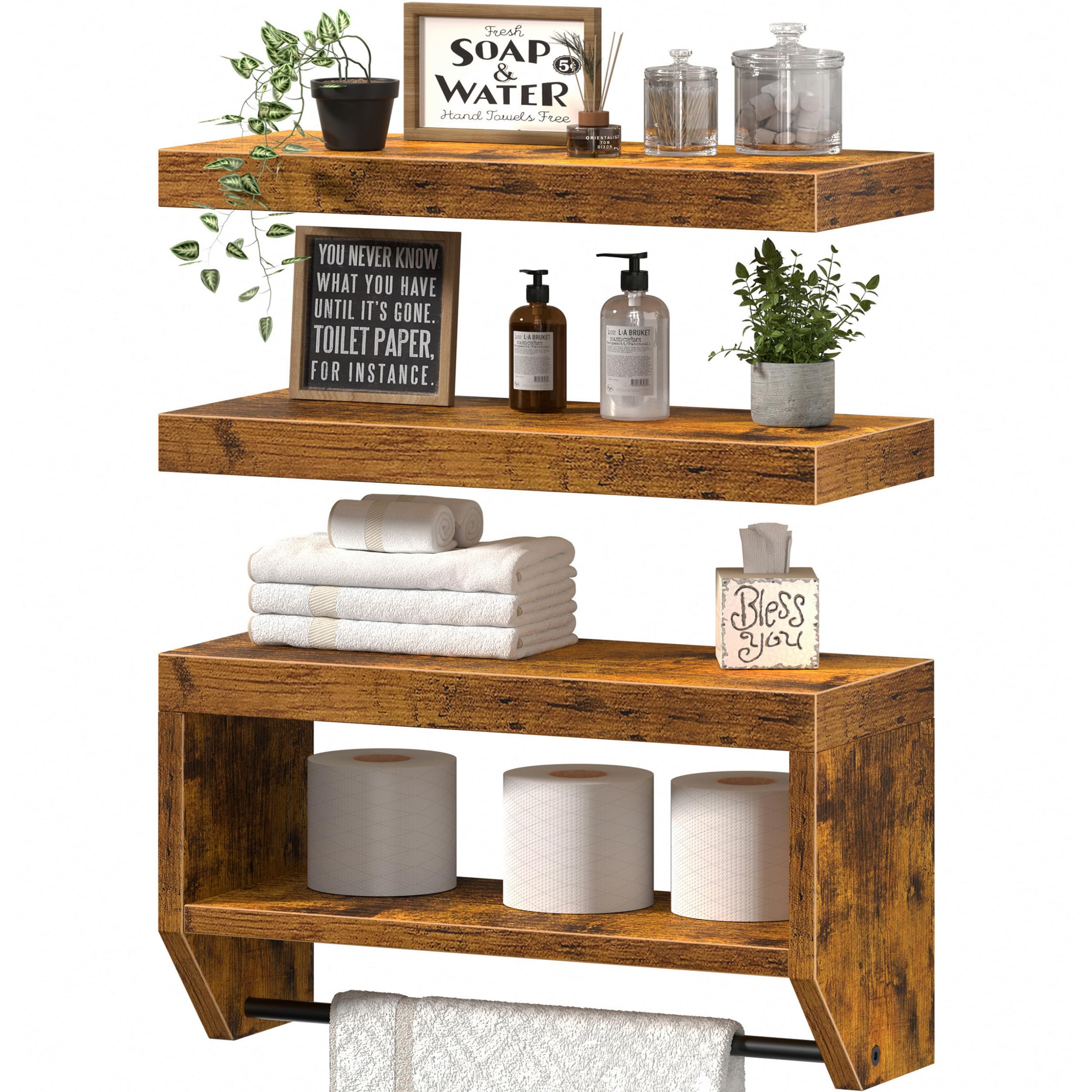 QEEIG Bathroom Floating Shelves for Wall - Shelf Over Toilet Paper Storage Farmhouse 16 inch Set of 3, Rustic Brown (028-40BN3)