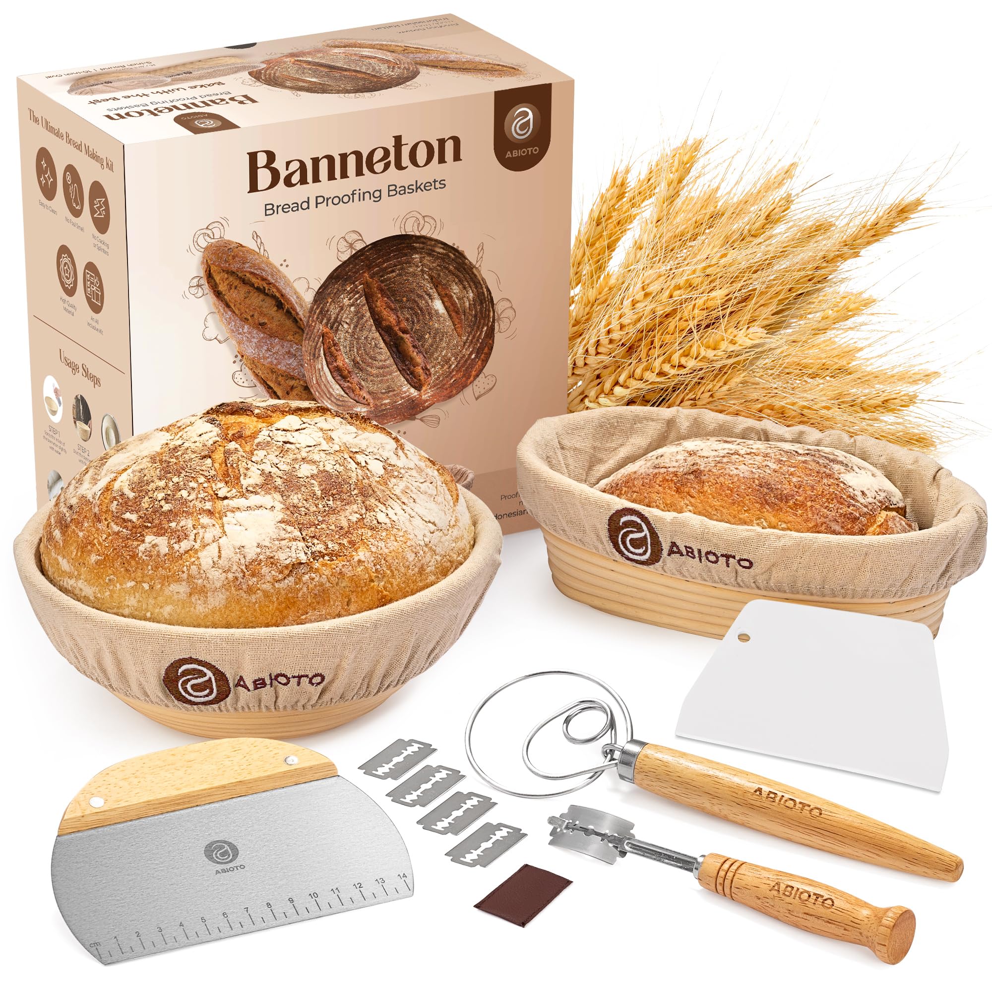 Sourdough Bread Baking Supplies And Proofing Baskets, A Complete Bread Making Kit Including 9'' Round & 10'' Oval Bannetons, Bre