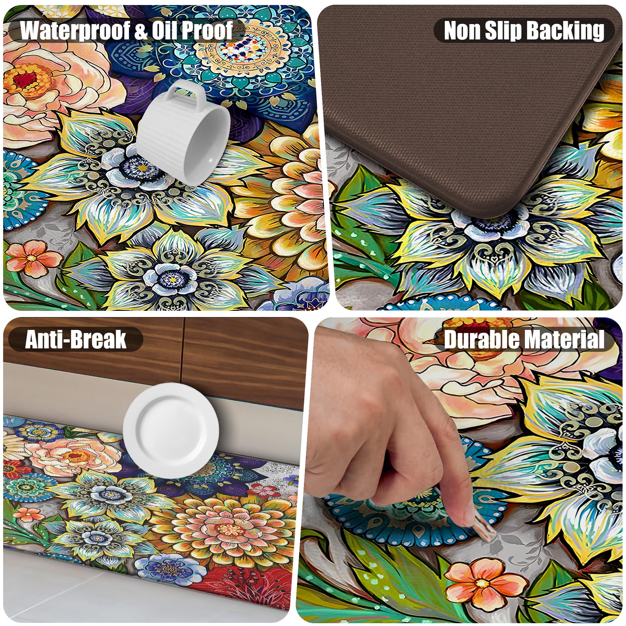 Tubeamin Boho Floral Kitchen Rugs Mats For Floor 2 Piece Memory Foam Padded Kitchen Mats Anti Fatigue Non Slip Cushioned Comfort