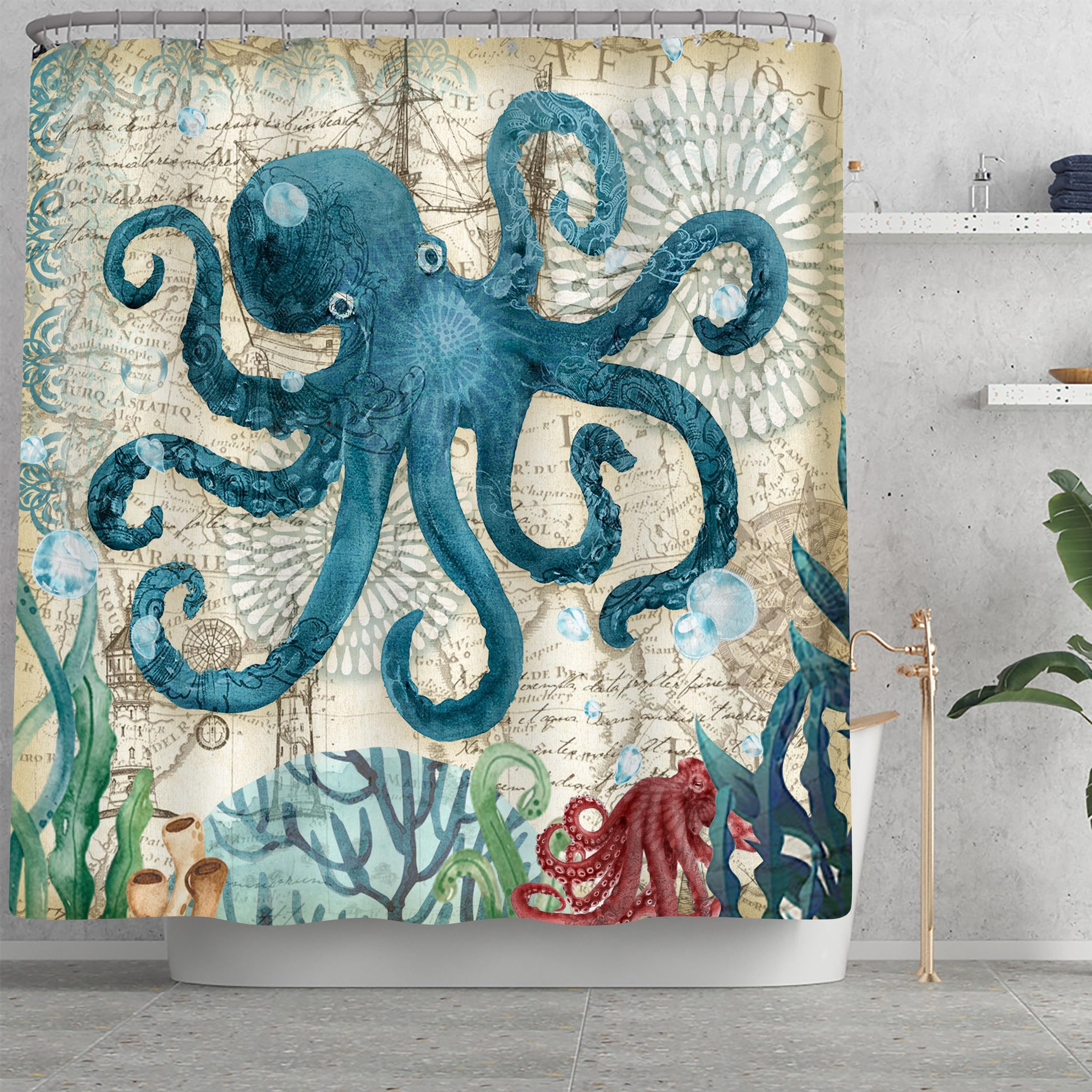 Planially 4Pcs Octopus Waterproof Shower Curtain Sets,Ocean Bathroom Sets With Shower Curtain, Toilet Lid Rug, Contour Mat And B