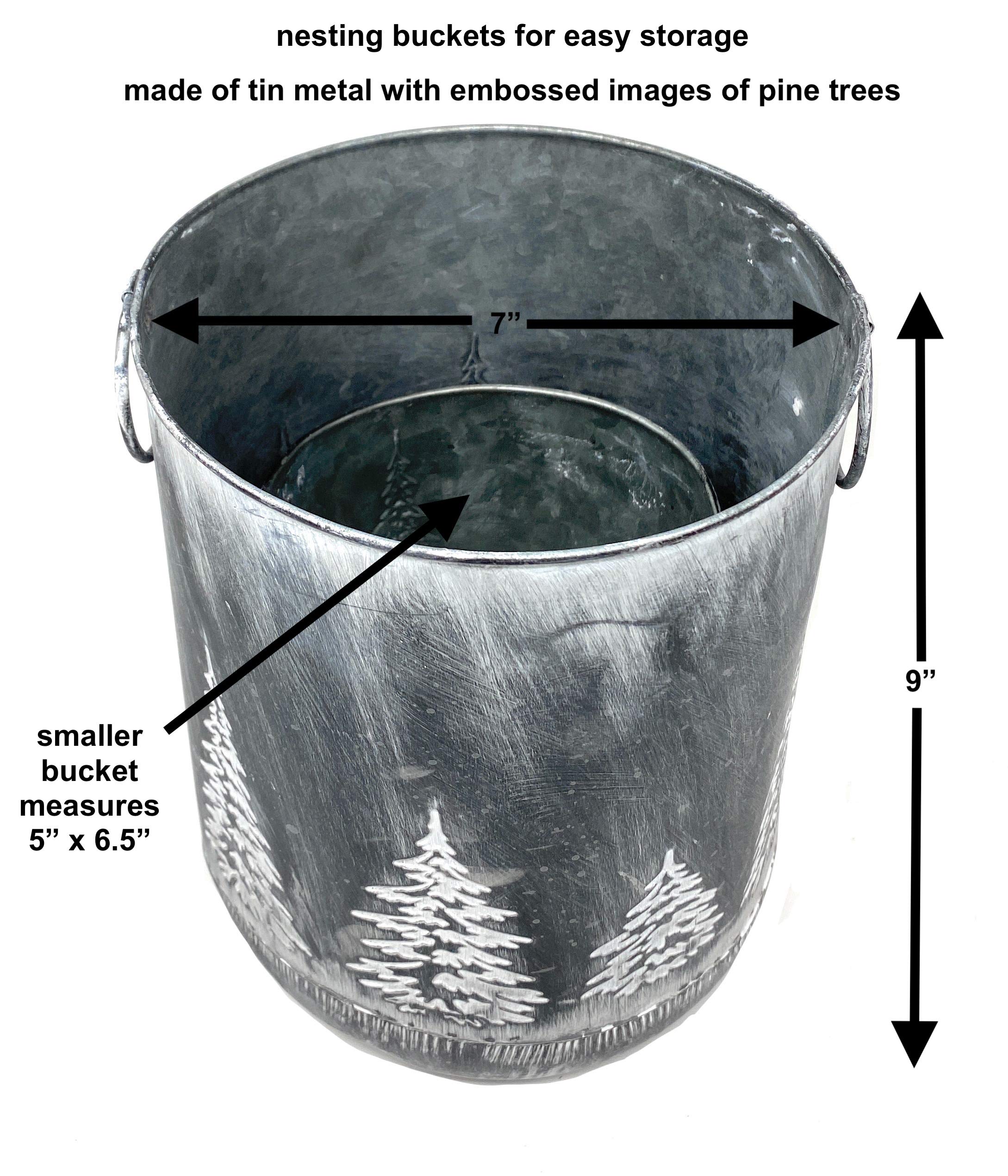 S/2 Winter Christmas Holiday Bucket Container Decor Organizer Silver Tin Metal W Embossed Trees 9'' & 6.5'' H