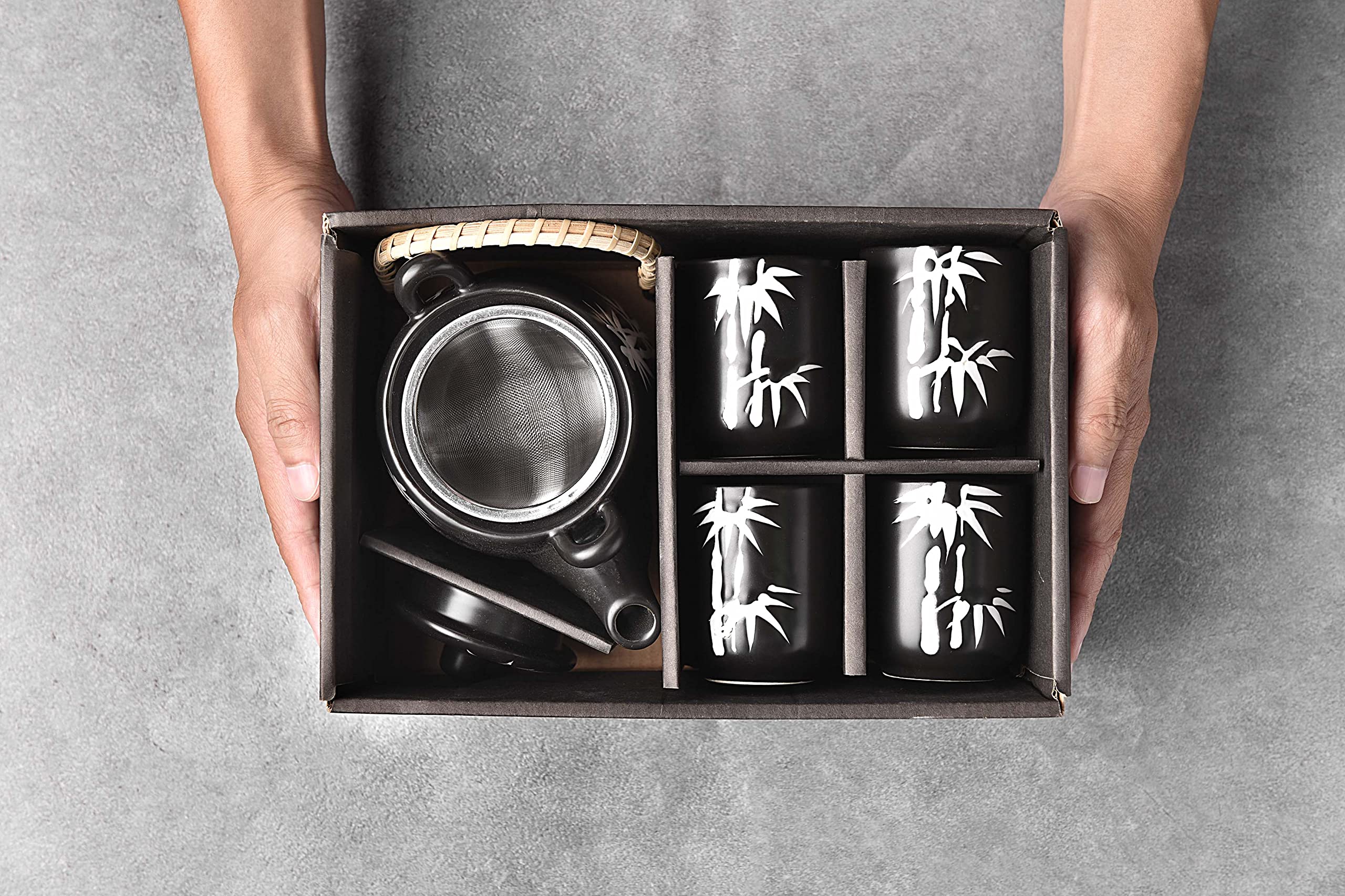 Mose Cafolo Japanese Tea Set Black With White Bamboo Ceramic Tetsubin Teapot & 4 Teacups, Stainless Steel Infuser, Rattan Handle