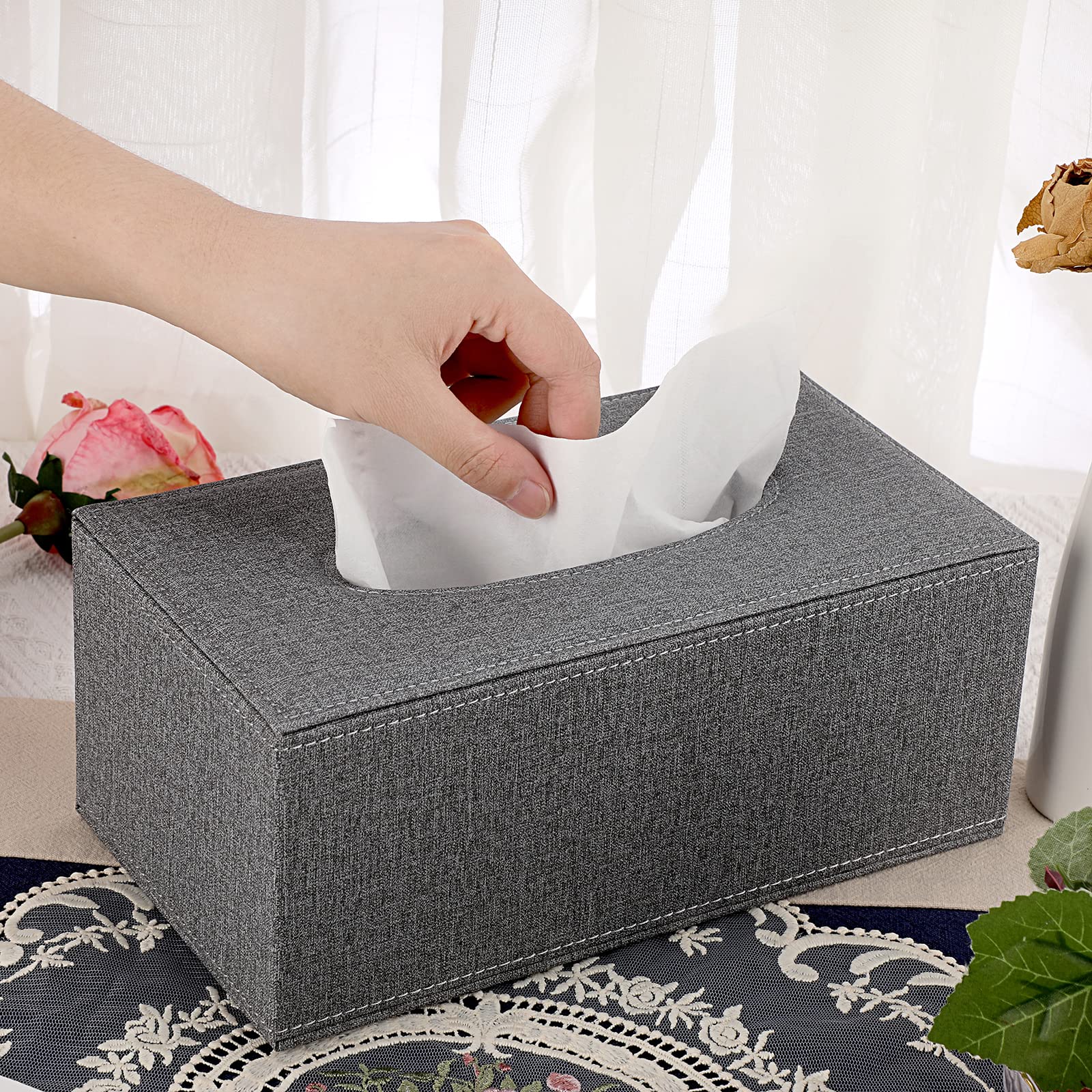 Sumnacon Rectangular Linen Tissue Box Cover - Stylish Tissue Box Holder with Magnetic Bottom  Decorative Tissue Box for Vanity Dresser Night Stand Table Countertop Home Office Car  Grey