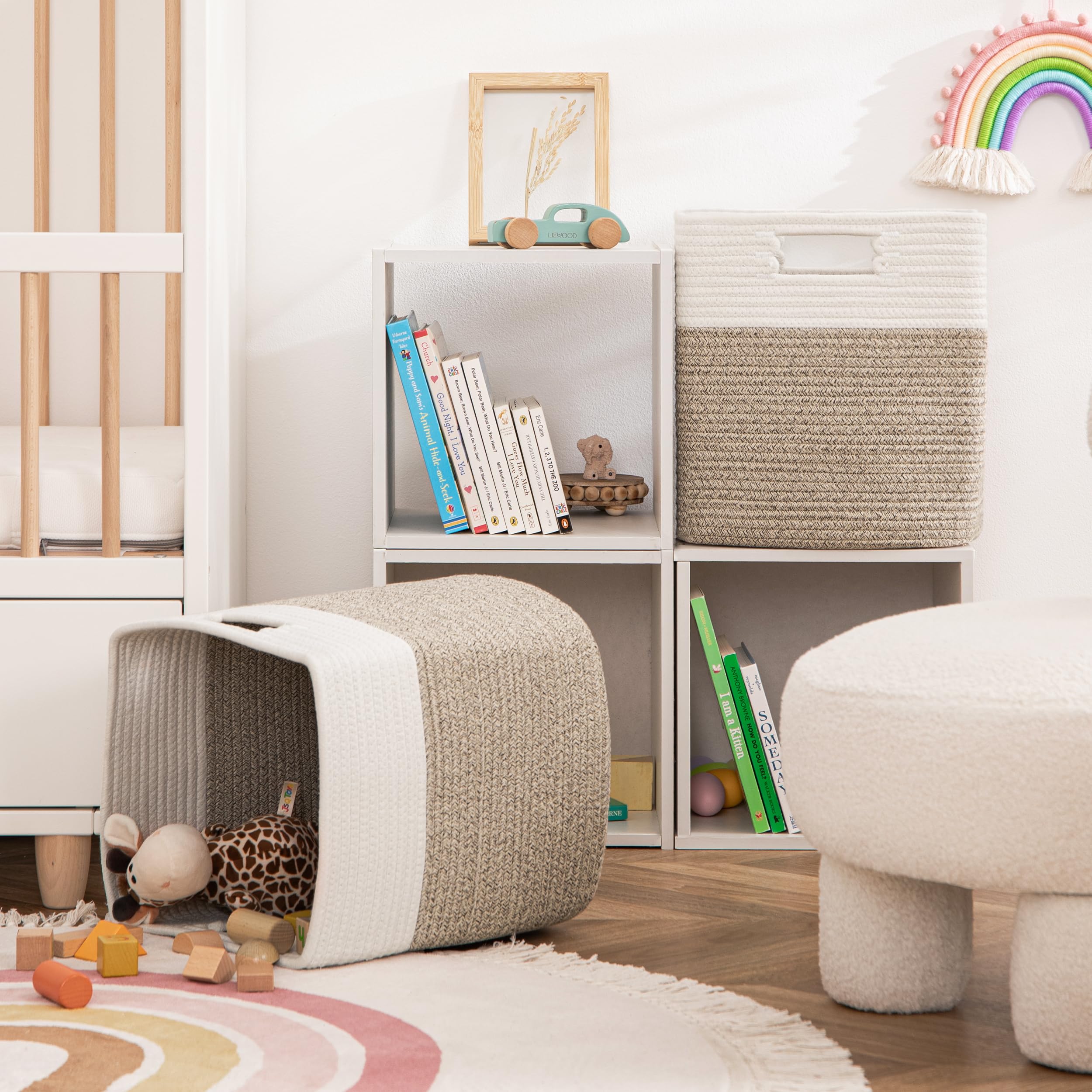 UBBCARE Set of 4 Storage Basket-11 X 10.5 X 10.5 In  Cotton Rope Basket for Shelves  Toys  Book  Cube Storage Bins with Handles  Woven Storage Basket for Organizing  White/Brown