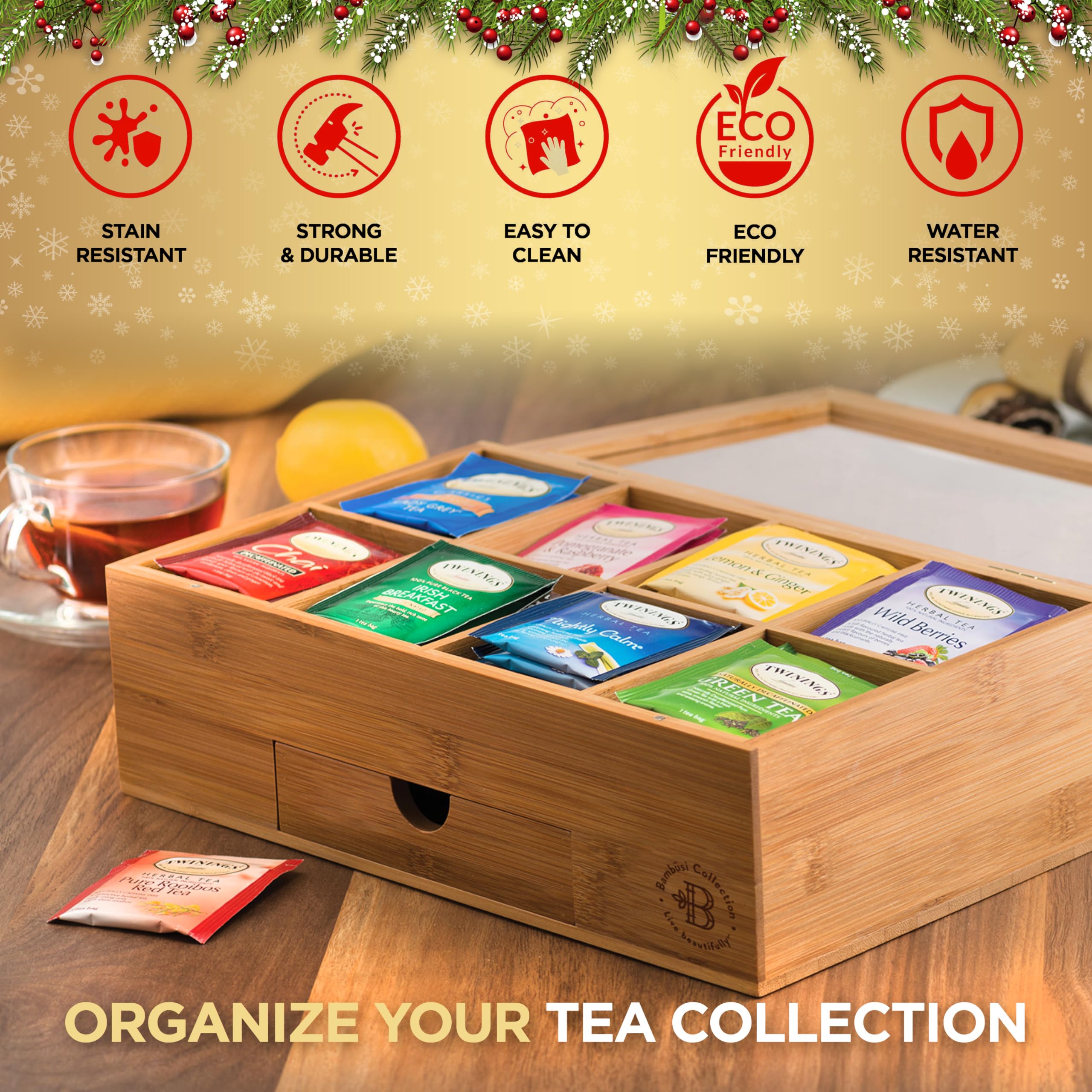 Bambsi Tea Bag Organizer - Bamboo Tea Box Organizer Storage Box, Tea Bag Holder With Acrylic Window, Magnetic Lid Keeps Tea Bags