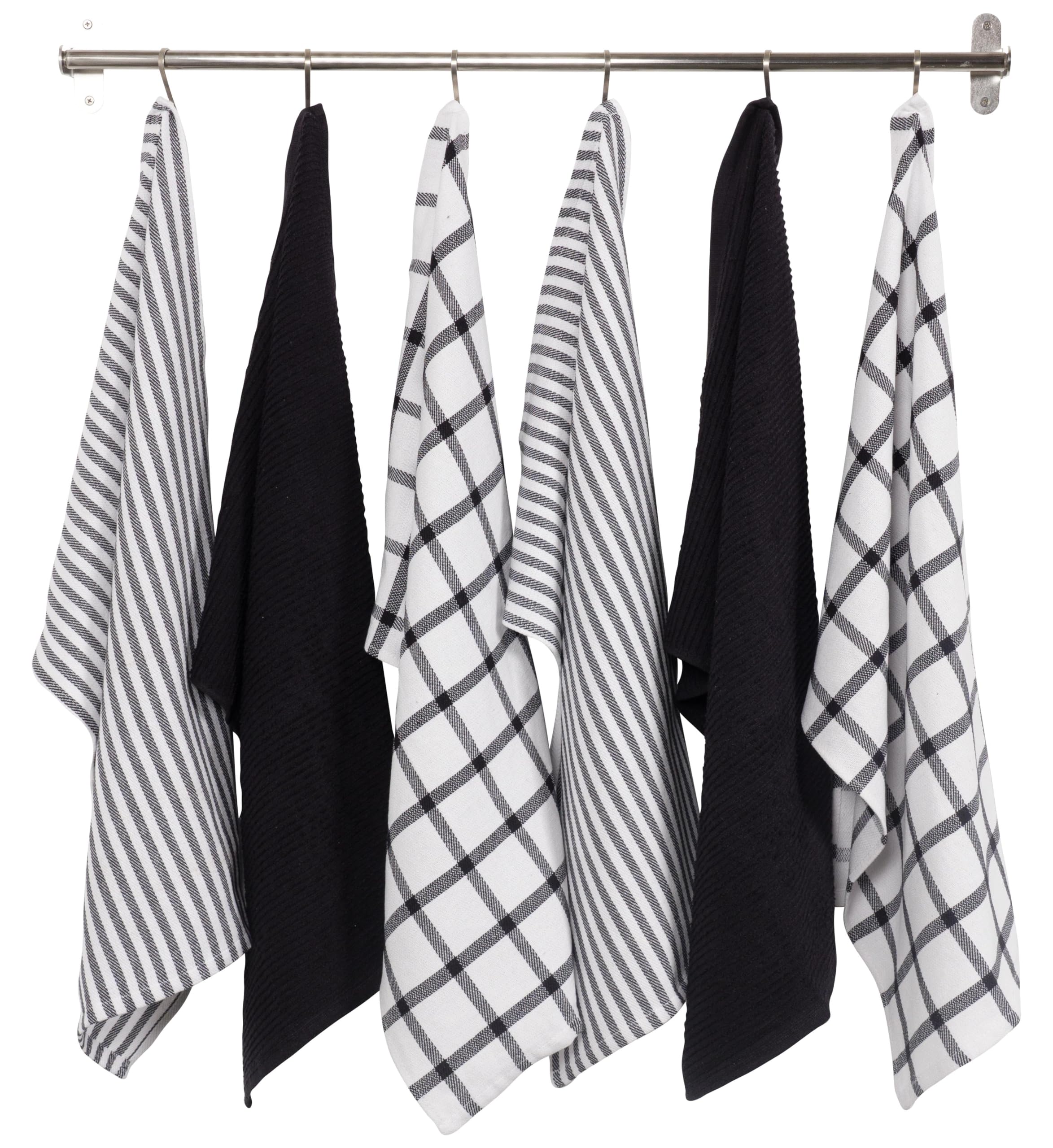 Kaf Home Premium Kitchen Towels (18'' X 28'', 6 Pack), Large 100% Cotton, Flat & Terry Absorbent Dish Towel Set (Black)