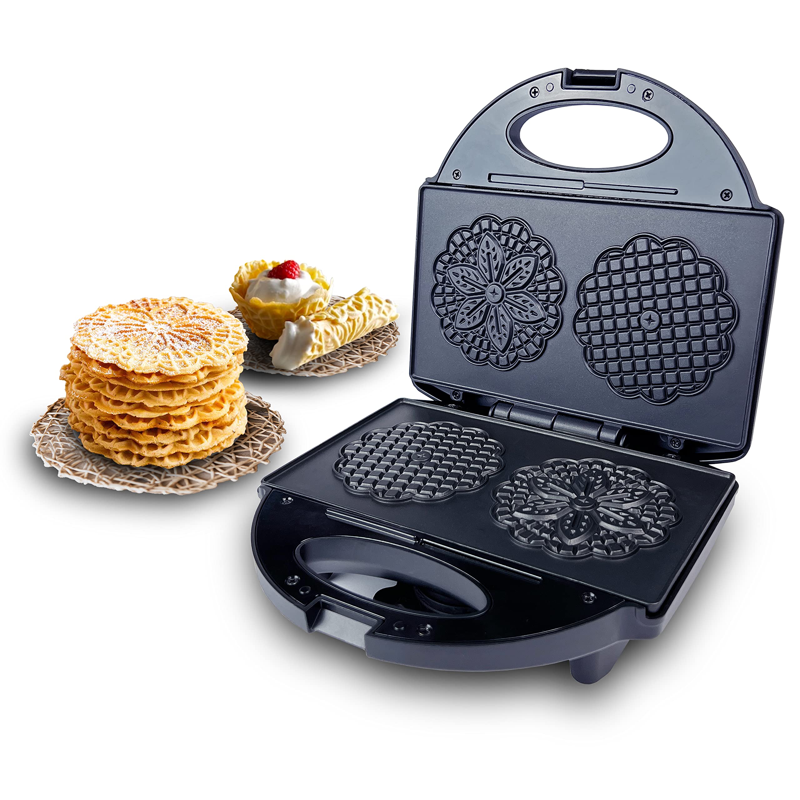 FineMade Pizzelle Maker with Non-Stick Coating, Electric Pizzelle Cookie Baker Press with Snowflake Pattern, Make Two 4 Inch Tra