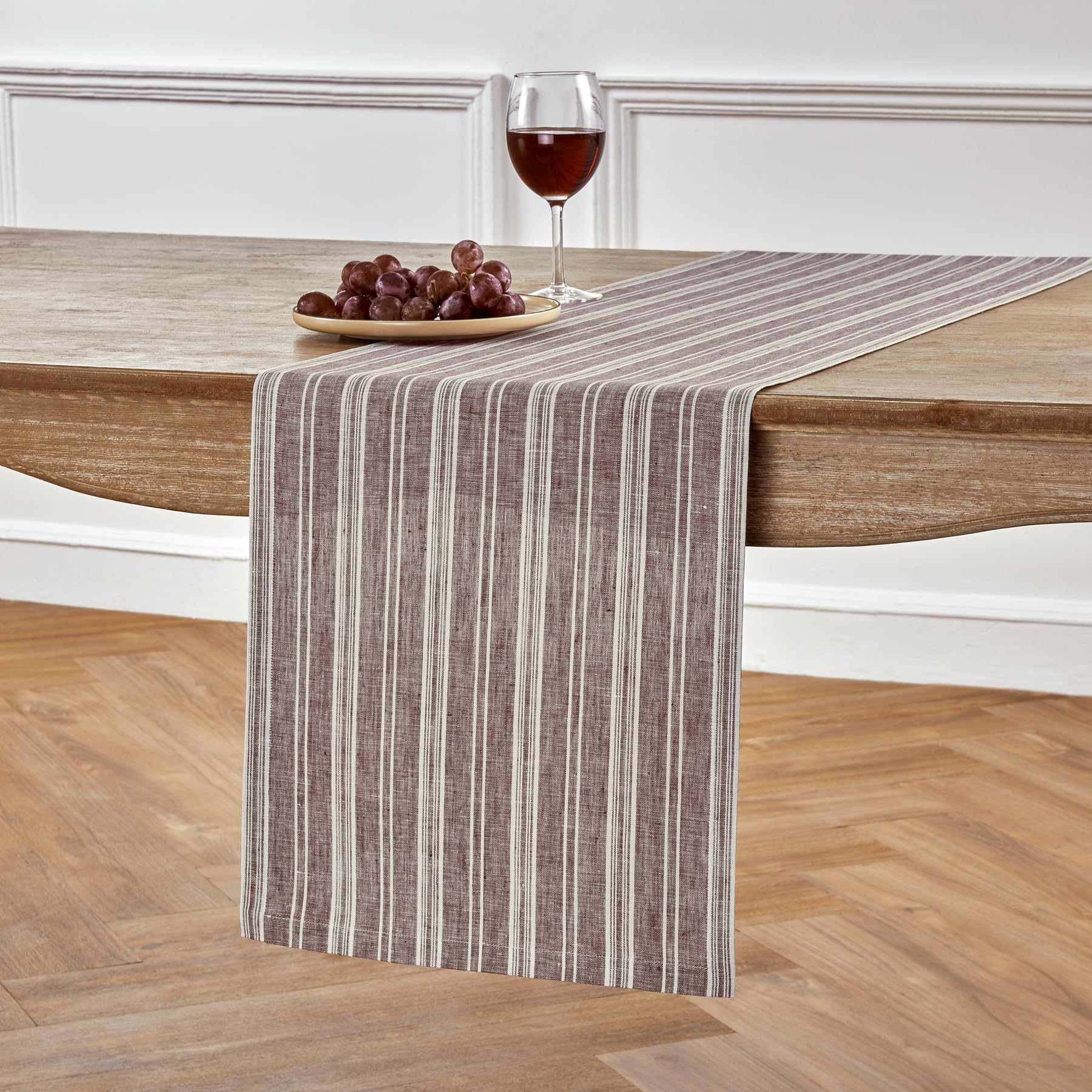 Solino Home Stripe Linen Table Runner 72 Inches Long - 100% Pure Linen Burgundy And White Dining Table Runner 14 X 72 Inch Ideal