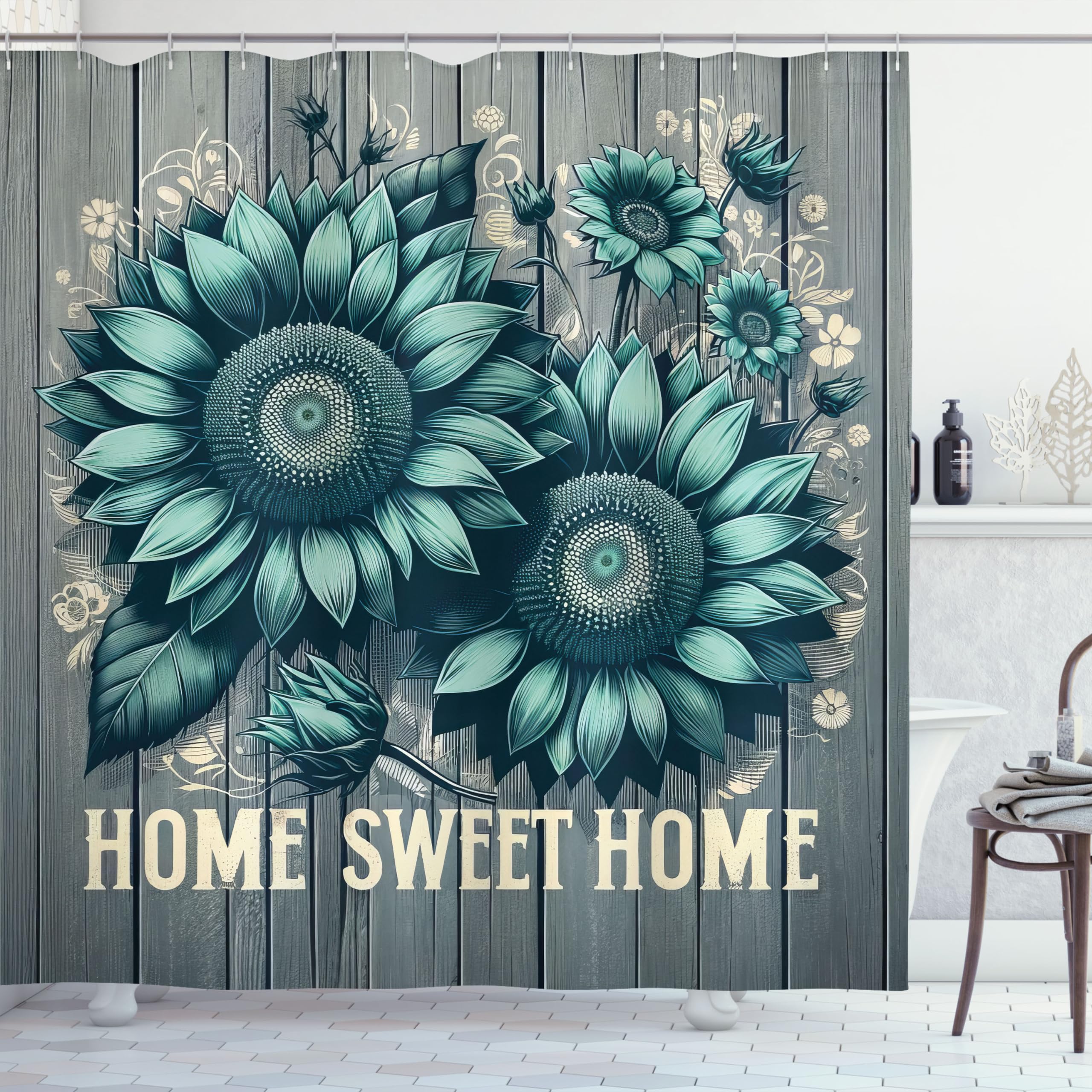Ambesonne Teal Shower Curtain, Aquamarine Tone Sunflowers And Home Concept Phrase Modern Rustic Farmhouse, Cloth Fabric Bathroom