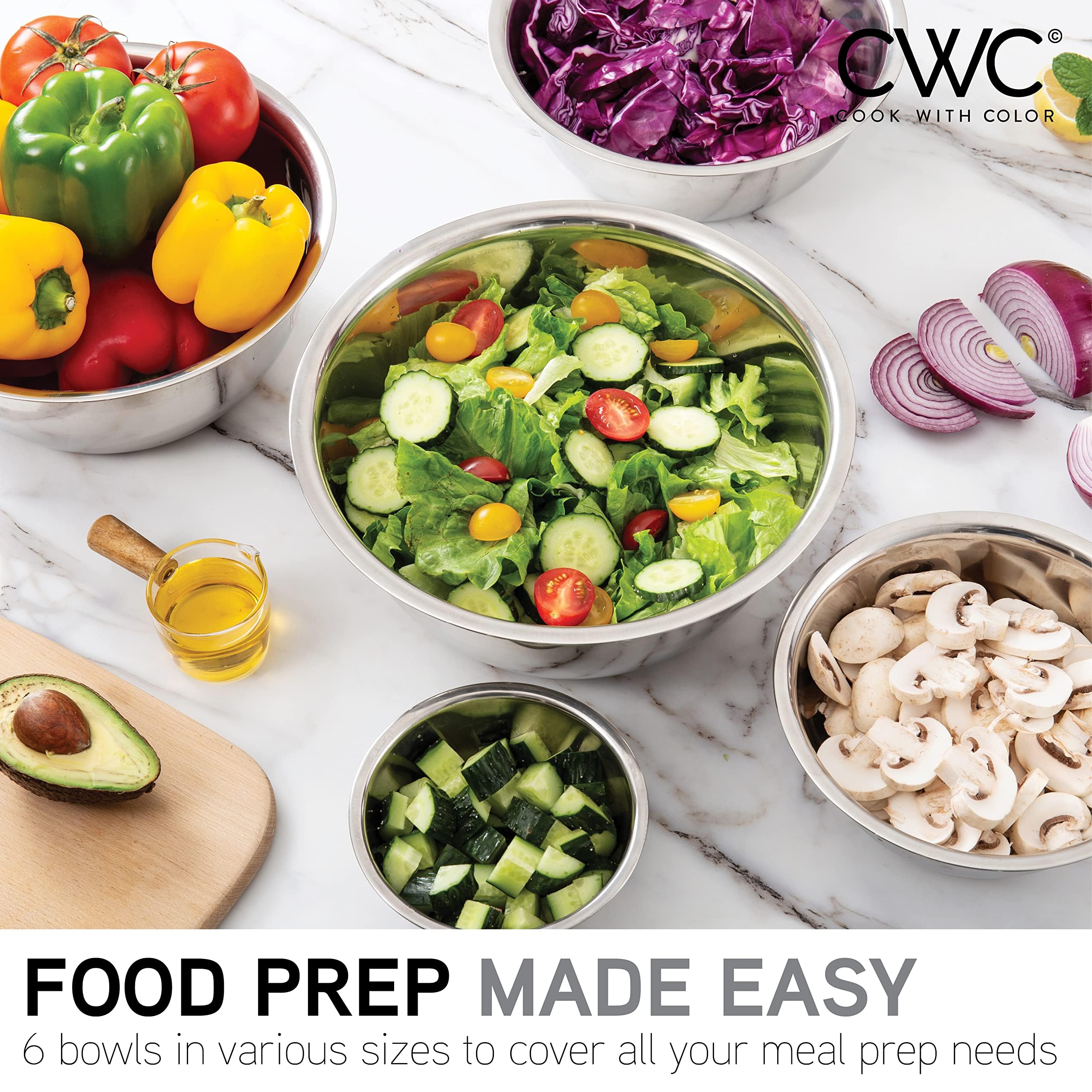Cook With Color Stainless Steel Mixing Bowls - 6 Piece Stainless Steel Nesting Bowls Set Includes 6 Prep Bowl And Mixing Bowls