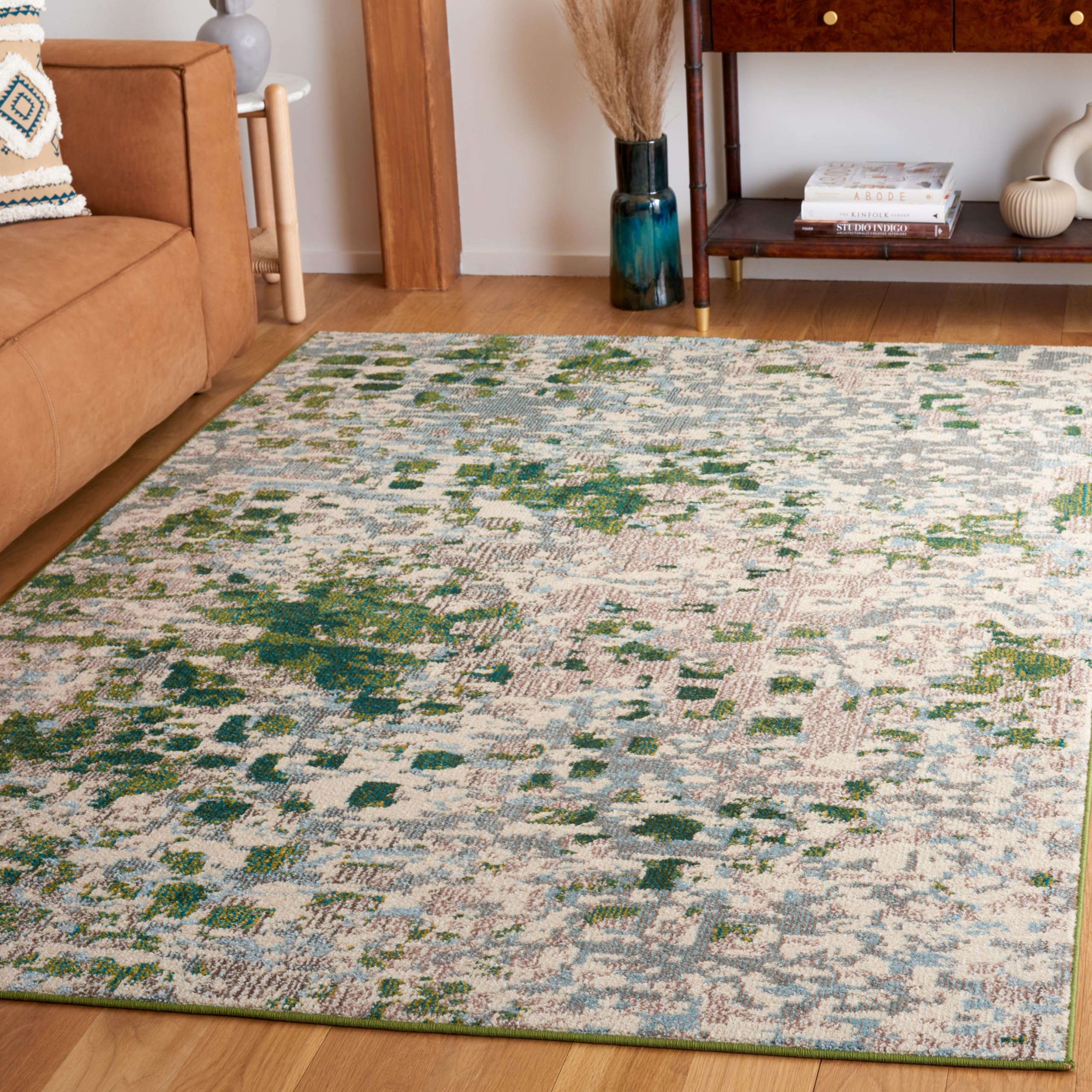 SAFAVIEH Monaco Collection Area Rug - 67 x 92, Green & Blue, Abstract Watercolor Design, Non-Shedding & Easy Care, Ideal for H