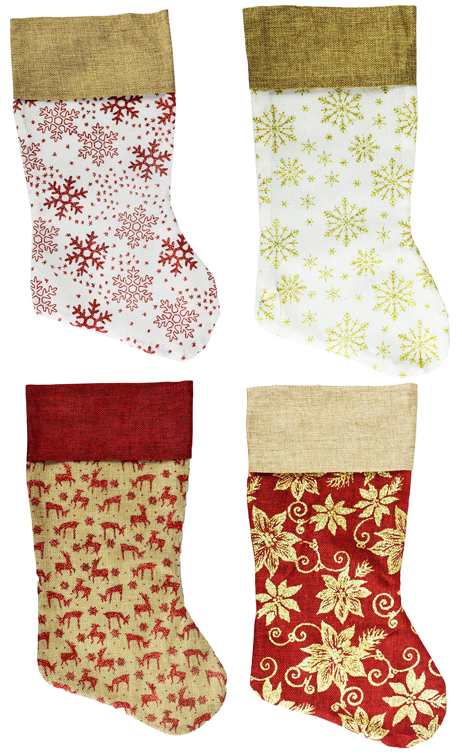 Black Duck Brand Set of 4 Christmas Decor Stockings - Cream Deer, Red Poinsettia, Gold Snowflake, Red Snowflake - 18in. Long (45