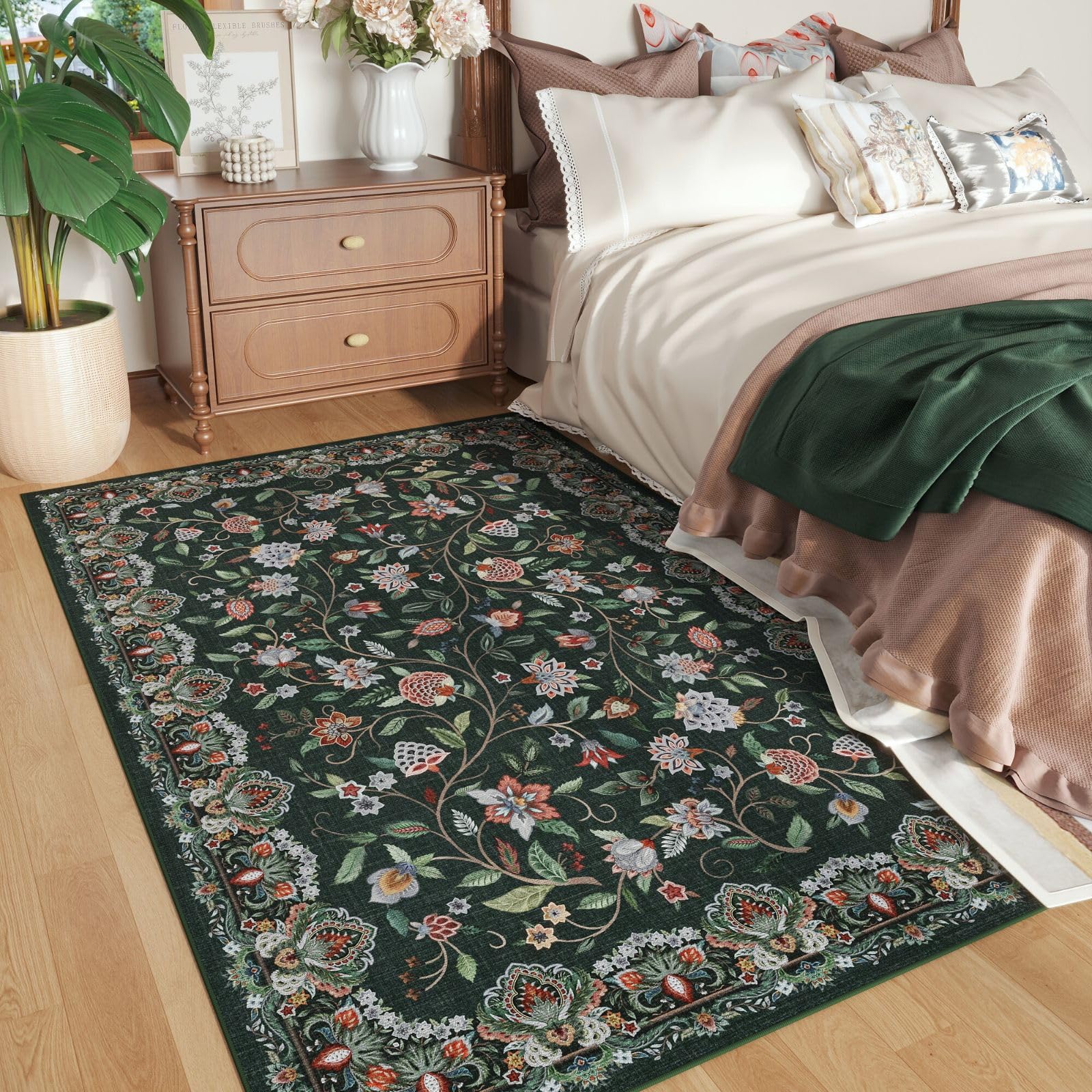 Rugcomf Vintage Paisley 3x5 Area Rug - Machine Washable, Non-Slip Low Pile Small Floral Carpet for Bedroom, Bedside, Kitchen, 