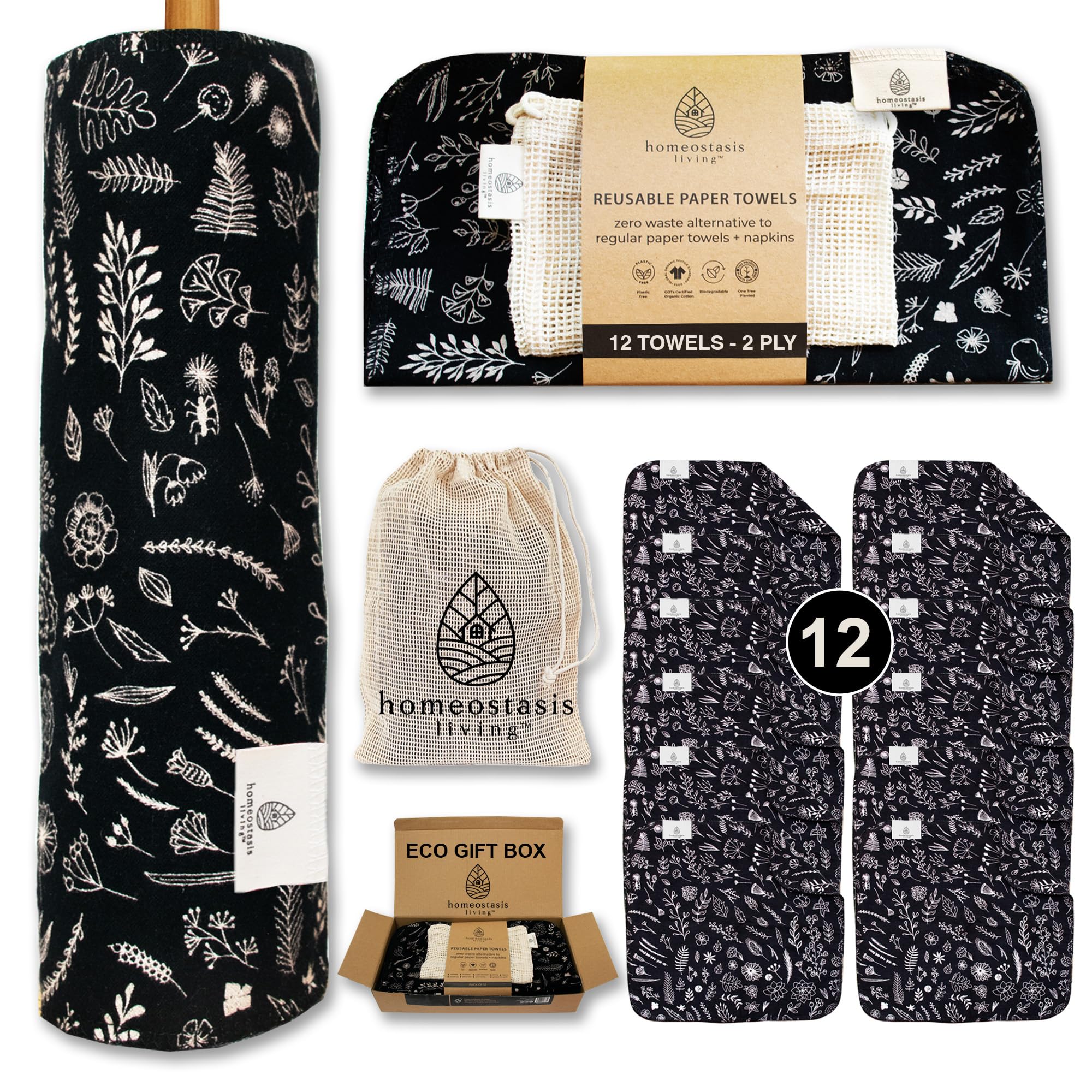 Homeostasis Living Reusable Paper Towels With Wash Bag | Charcoal Black 12 X Washable Eco Friendly Paperless Paper Towels Napkin