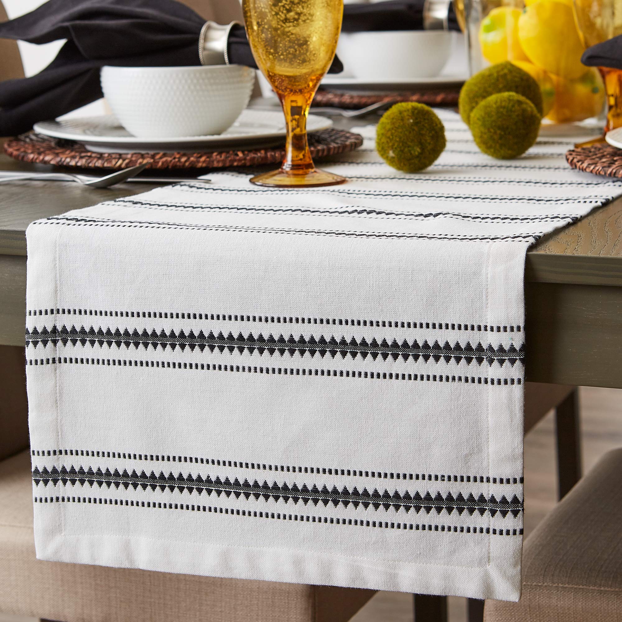 Dii Zig Dobby Tabletop Collection, White Cotton Background With Embellished Stripe, Table Runner, 14X108, Black