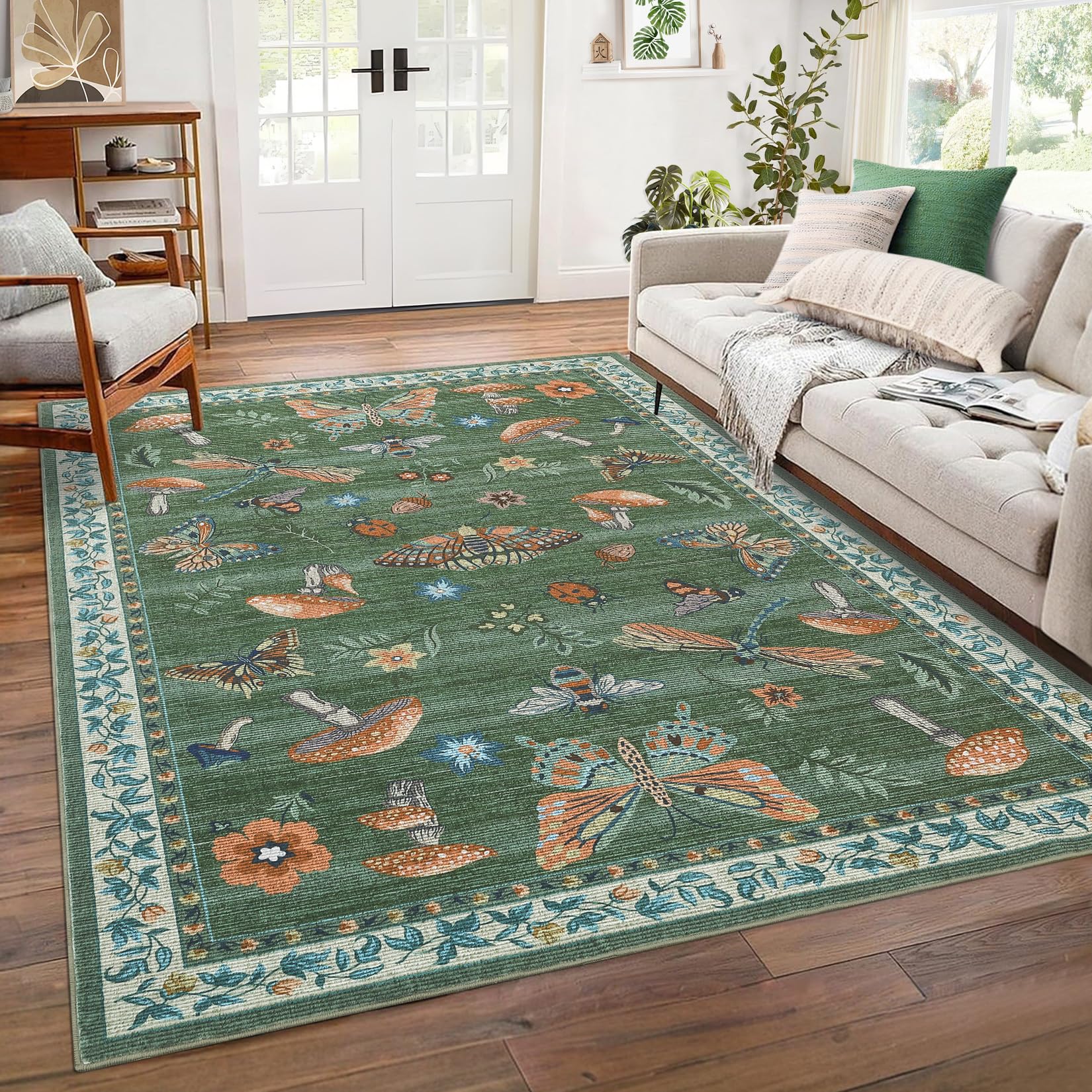 ROYHOME Washable Rug 9x12 Area Rugs for Living Room, Mushroom Insect for Bedroom, 9x12 Rug Non Slip Carpet with Rubber Back, Low