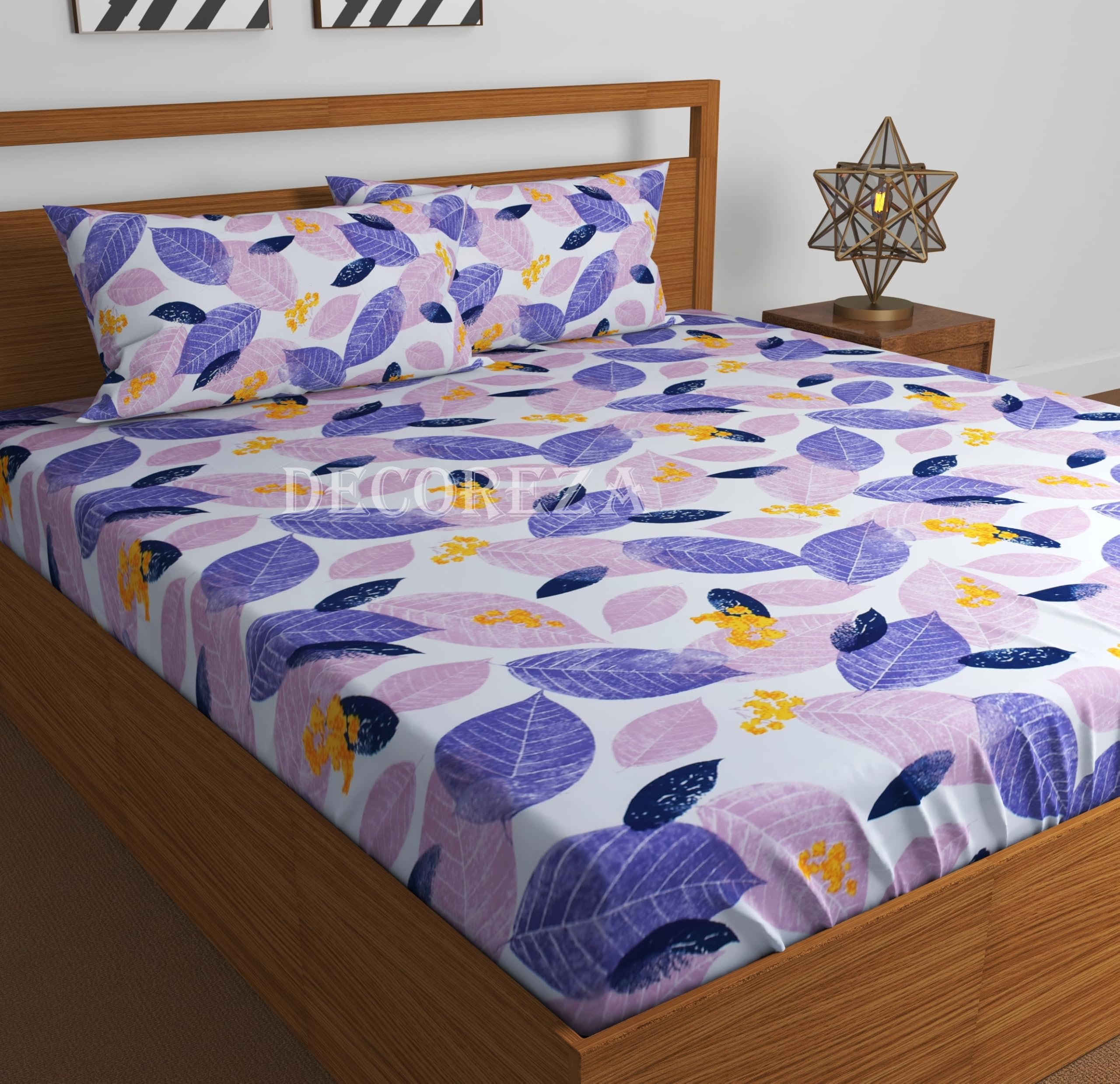 DECOREZA Cotton Feel Glace Cotton Elastic Fitted Printed King Size Double Bed Bedsheet with 2 Pillow Covers and Fits Upto 8 inch