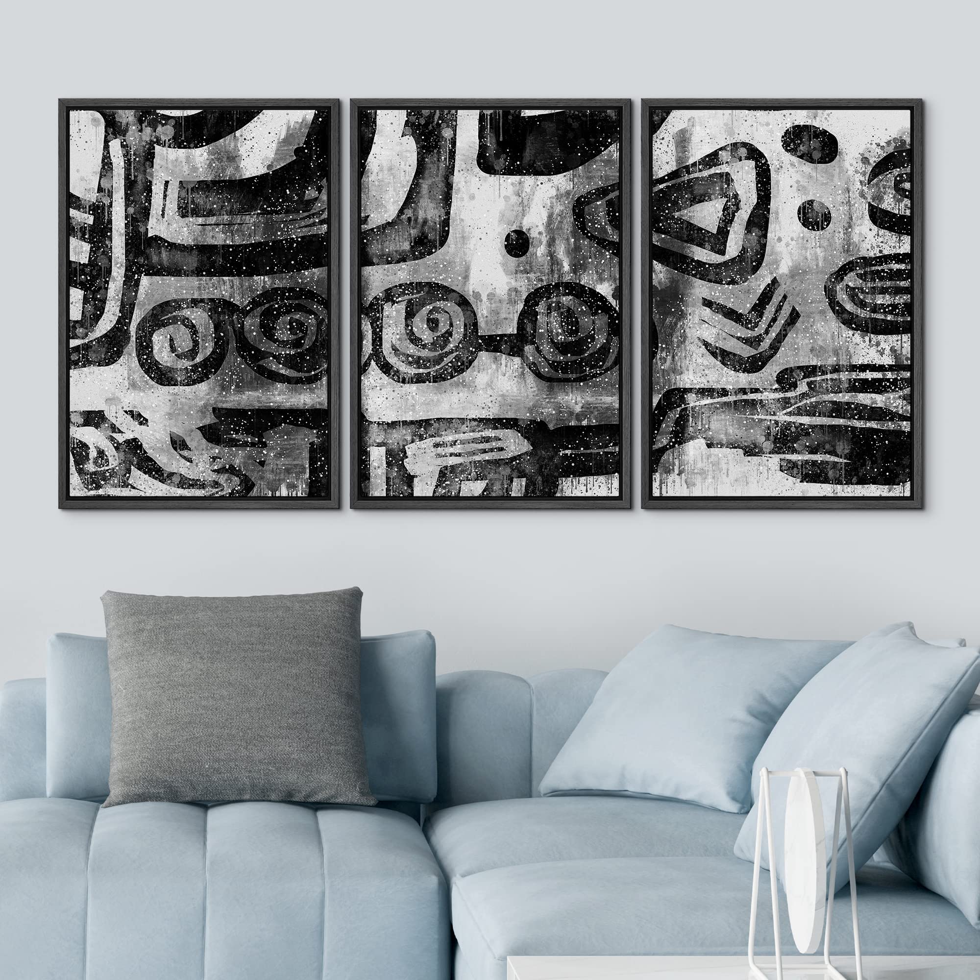 Idea4Wall Framed Wall Art Print Set Black & White Line Art & Polygon Pattern Abstract Shapes Illustrations Modern Art Mid-Centur