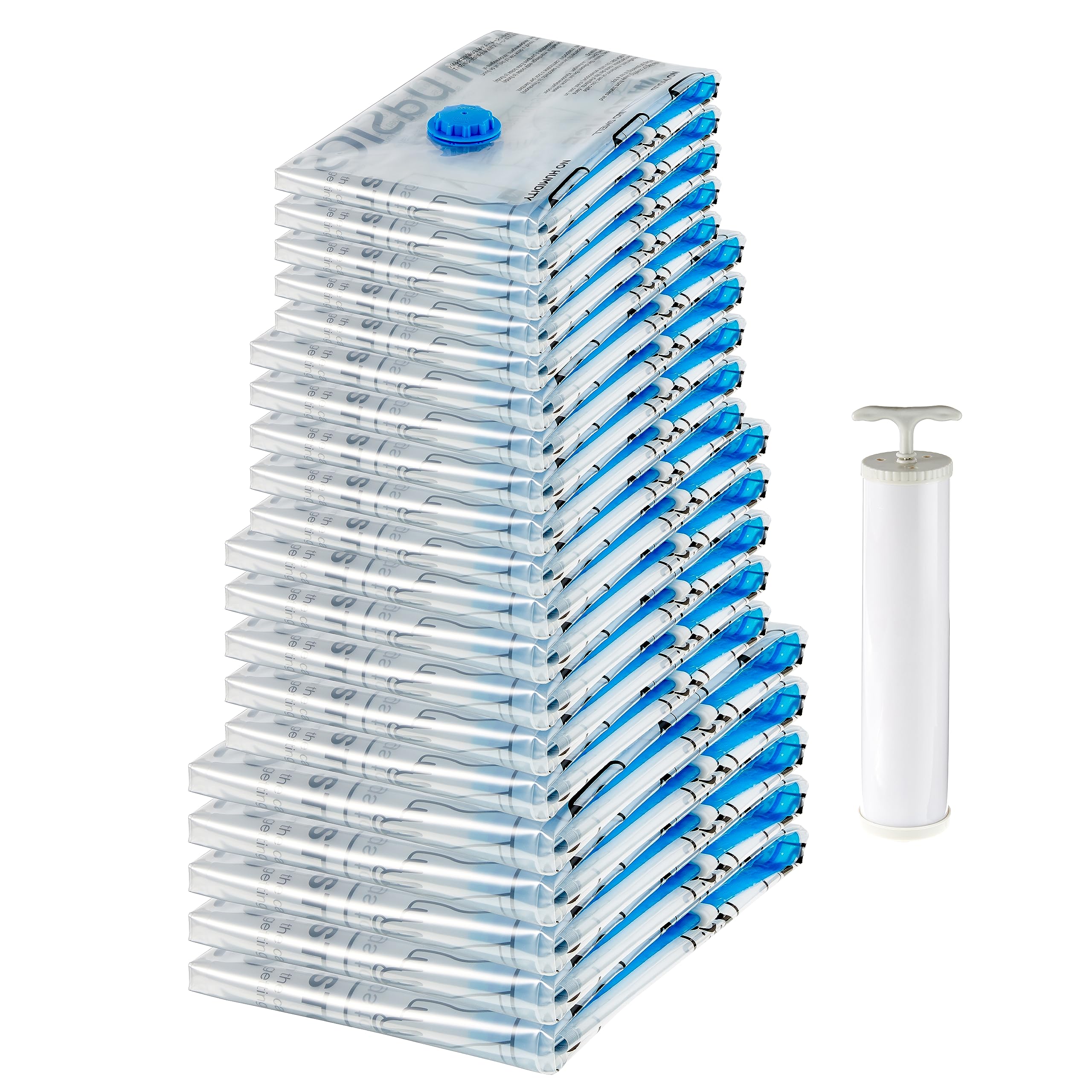 Amazon Basics Vacuum Compression Storage Bags With Hand Pump, 20 Pack (5 Small, 5 Medium, 5 Large & 5 Jumbo), Multiple Size, Cle