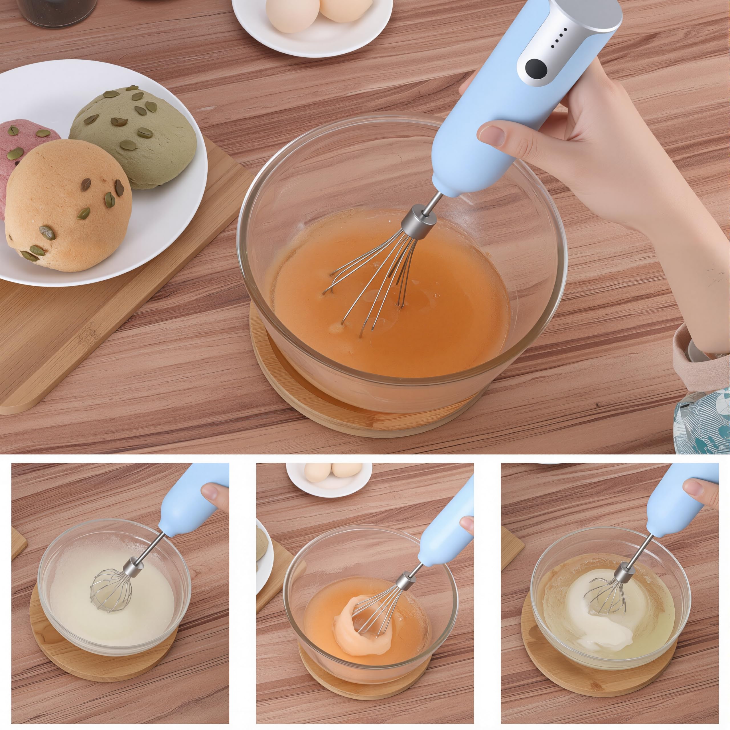 VOMELON Wireless Electric Egg Beater Whisk - Multi-speed, Light Blue, Rechargeable for Eggs, Milkshakes, Sauces & Soups