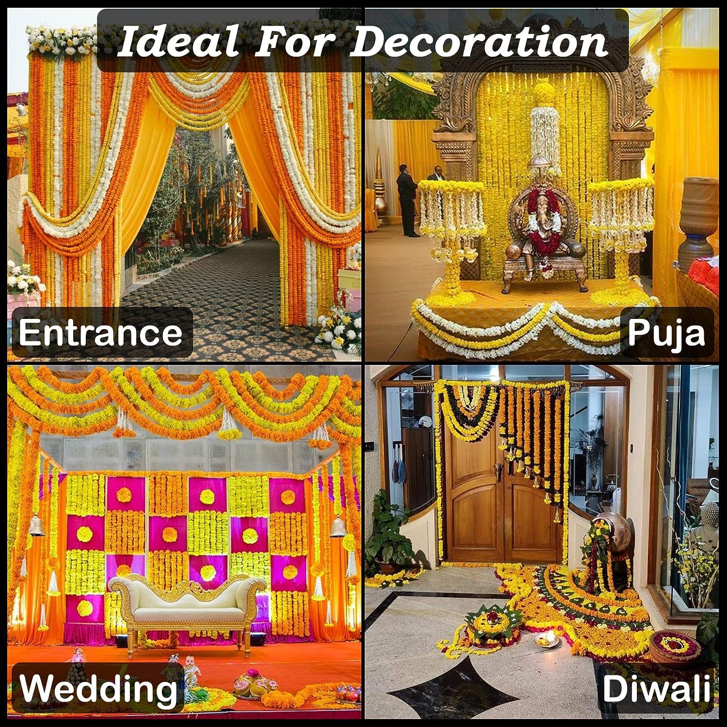 DRYPHON Artificial Flowers for Decoration, Marigold Flowers Garlands for Home Decor, Diwali Pooja Items Room Decor Items Wedding