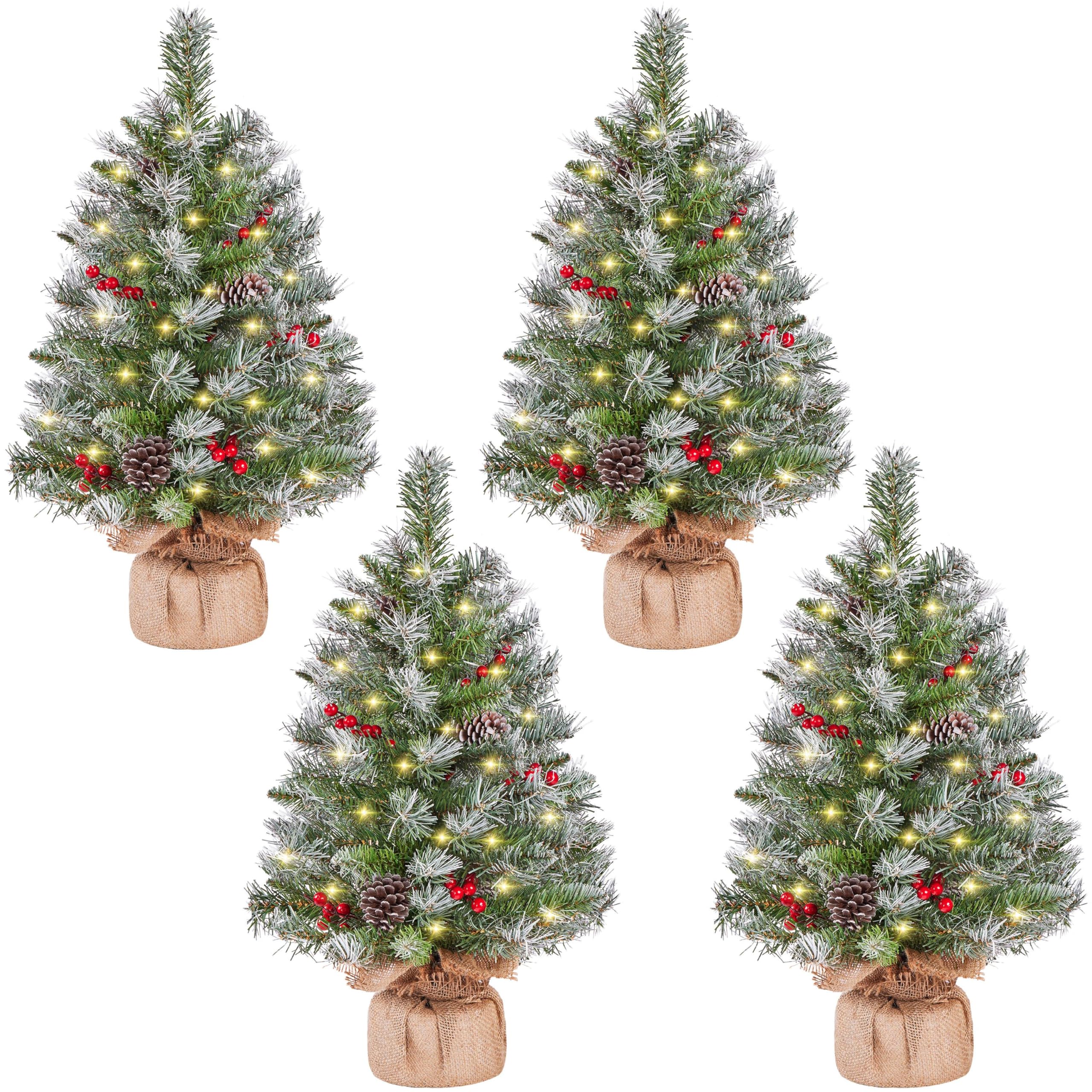 Yaheetech 4Pcs Pre-Lit Artificial Mini Christmas Tree, 2ft Frosted Tabletop Small Christmas Tree with LED Lights, Red Berries & 