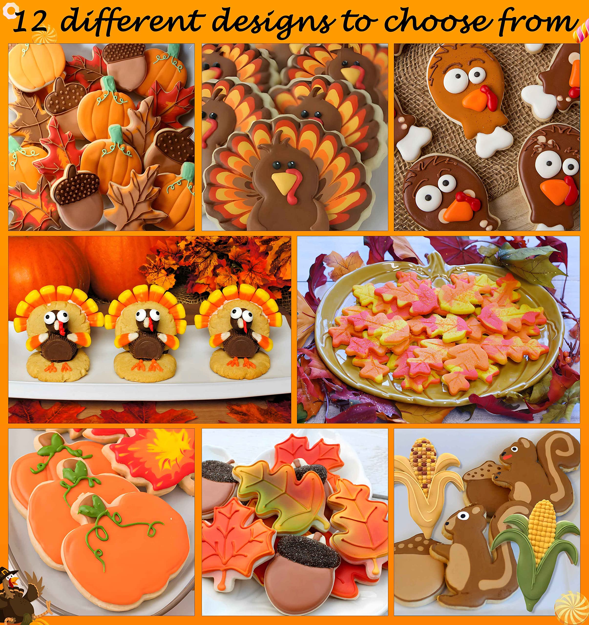 12Pcs Large Fall Thanksgiving Cookie Cutter Set - Turkey,Pumpkin,Maple/Oak/Teardrop Leaf,Squirrel, Acorn,Corn,And Turkey Leg