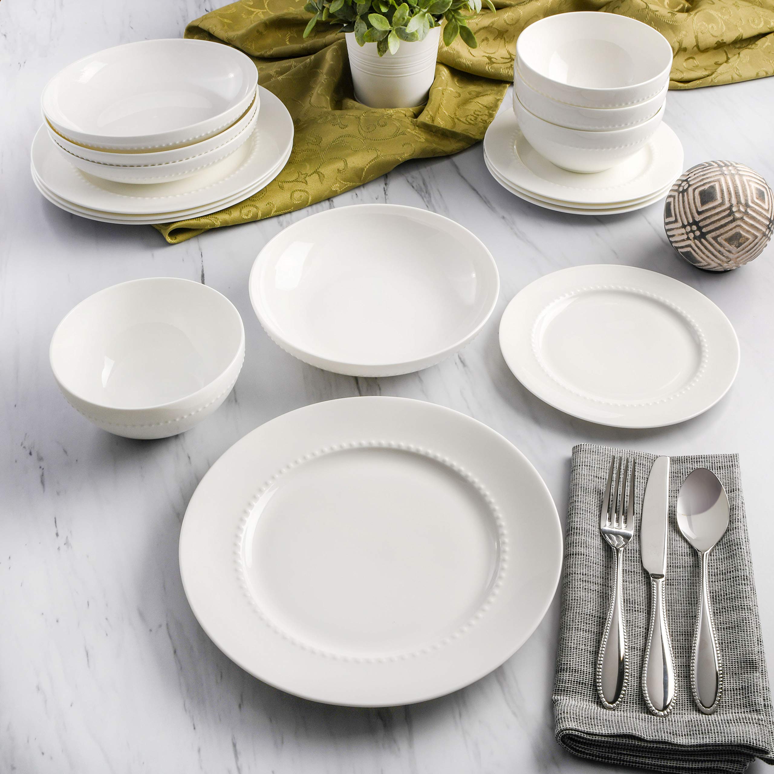 Gibson Elite Embossed Bone China Double Bowl Dinnerware Set, Service for 4 (16pcs), White