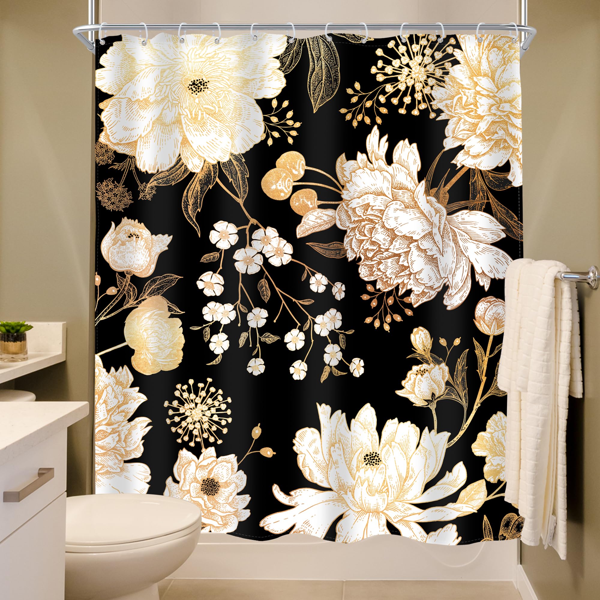 Meshelly Black And Gold Shower Curtain 60Wx72H Boho Floral Shower Curtain Brown Shower Curtain Women Vintage Roses Flower Peony