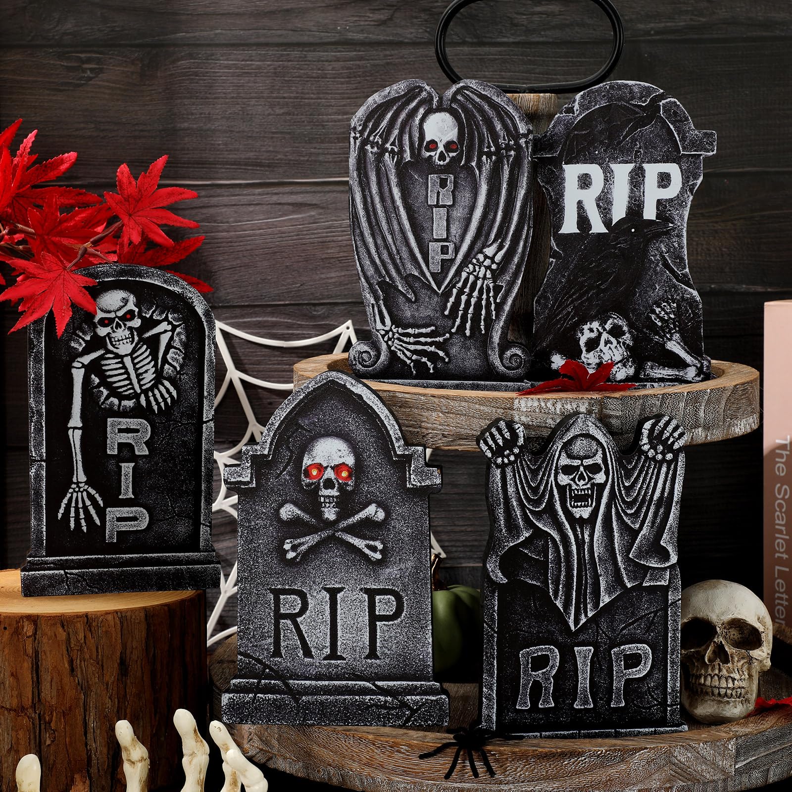 Whaline 5Pcs Halloween Wooden Table Signs Graveyard Tombstone Tabletop Centerpieces Spooky Gravestone Tiered Tray Decor for Home