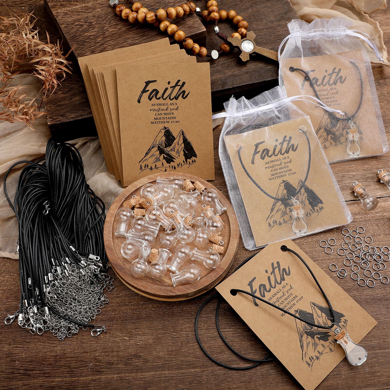 Teenyyou 50/100 Set Mustard Seed Faith Necklace Christian Gifts for Woman DIY 0.5ml Mini Glass Jars Craft Necklace with Christia