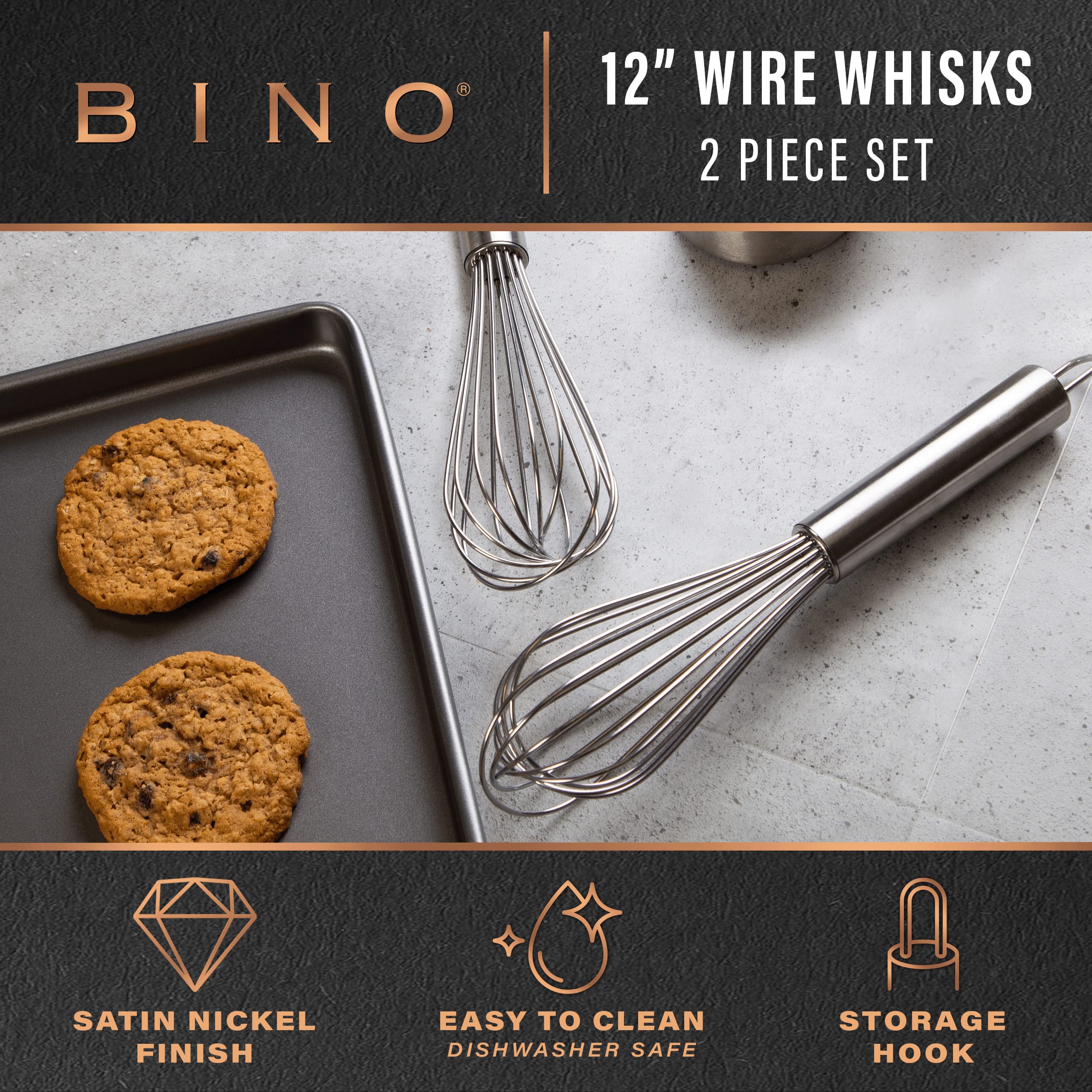 Bino 2-Piece Egg Whisk Set - 12 Inch | Thick Wire Balloon Whisk Set | Manual Egg Beater | Pancake Whisk | Kitchen Whisks For Coo