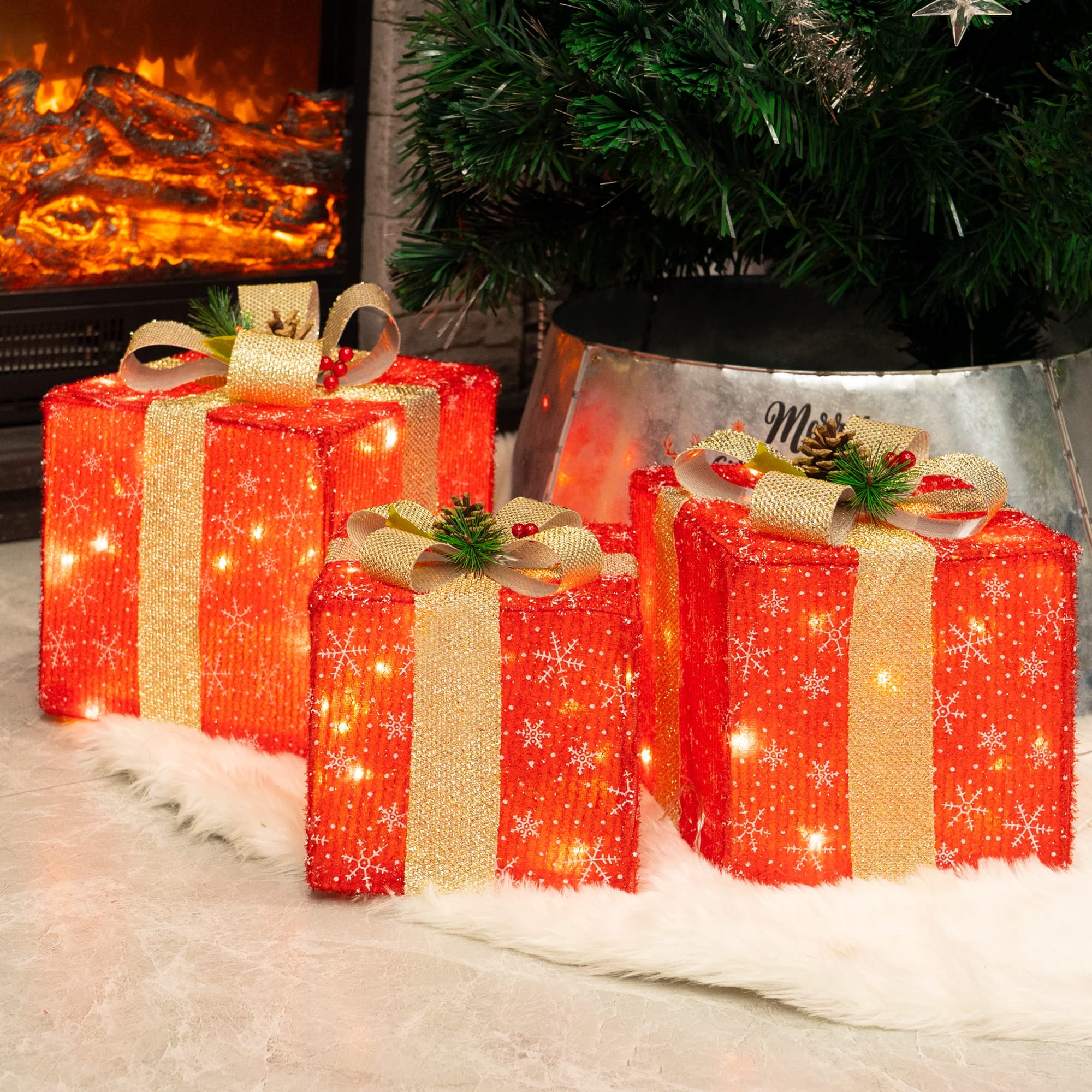 FUNPENY Set of 3 Christmas Lighted Gift Boxes, 50 LED Christmas Box Decorations, Presents Boxes with Ribbon Bows Christmas Decor