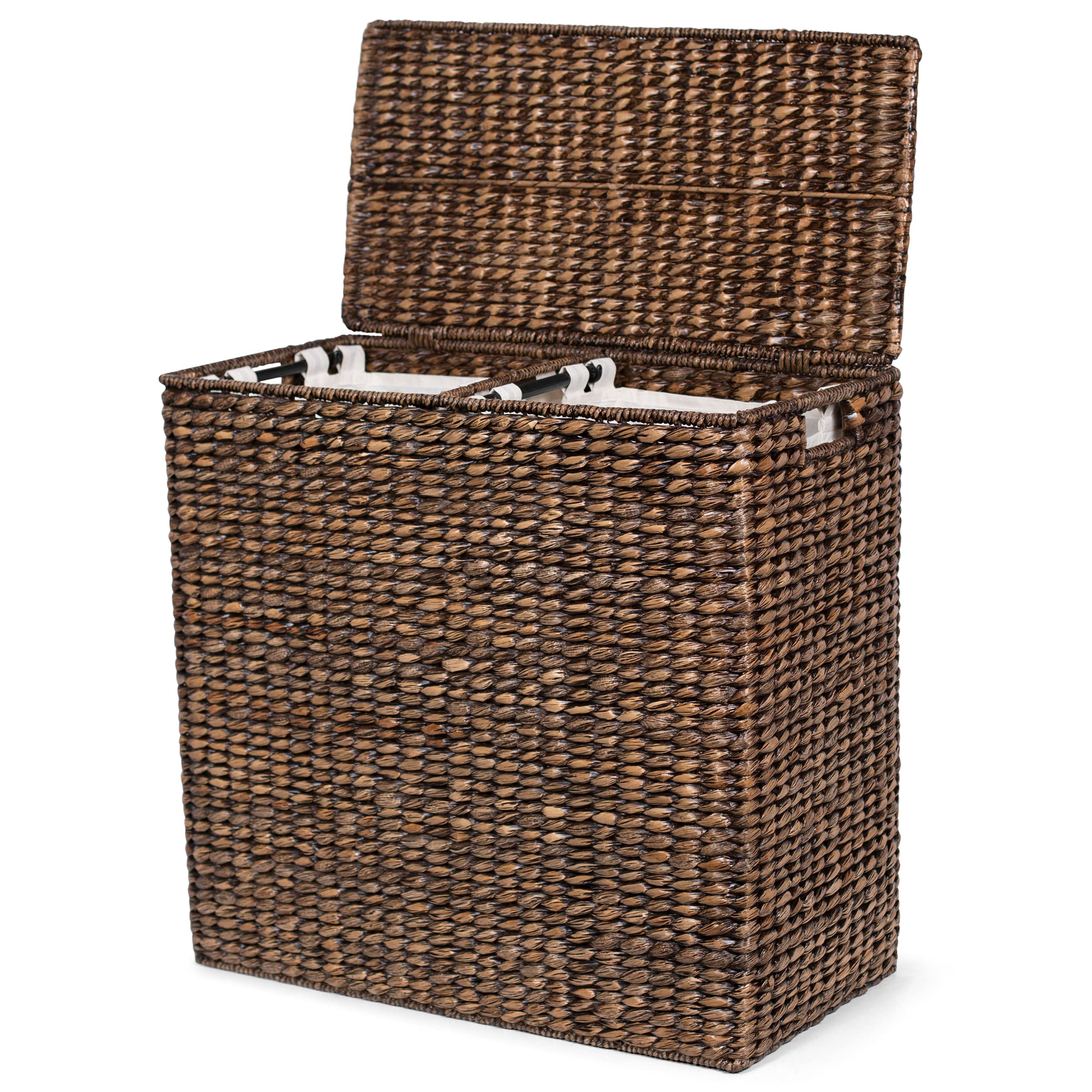 Birdrock Home Oversized Dual Hampers With Lid - Handwoven Natural Seagrass Fiber Compartment Laundry Hamper W/Dual Removable Lin