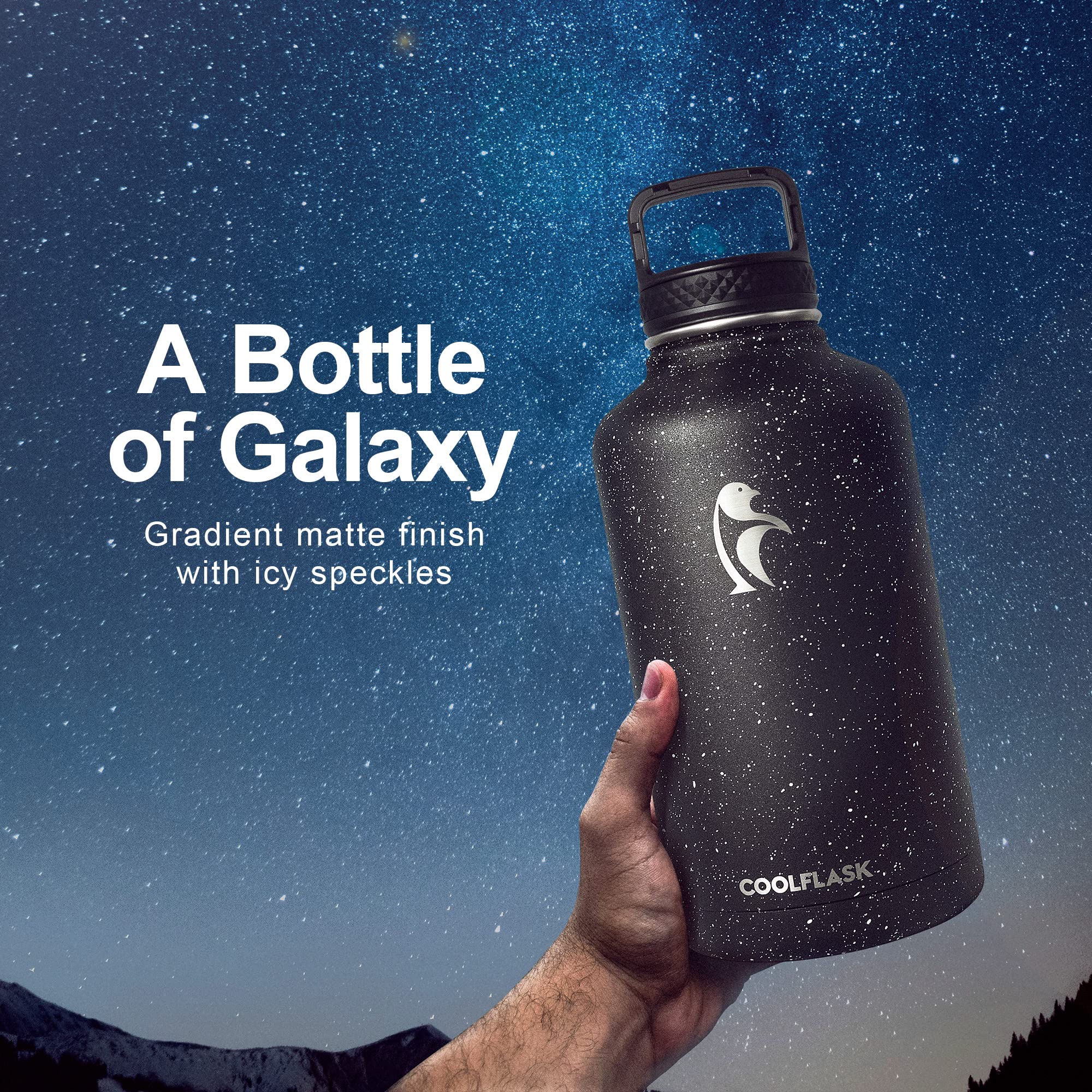 Coolflask 64 oz Insulated Water Bottle with Straw&3 Lids  Half Gallon Insulated Water Jug Galaxy Large Metal Stainless Steel Flask for Gym  Sports and Office  Keep Cold 48H Hot 24H  Starry Night