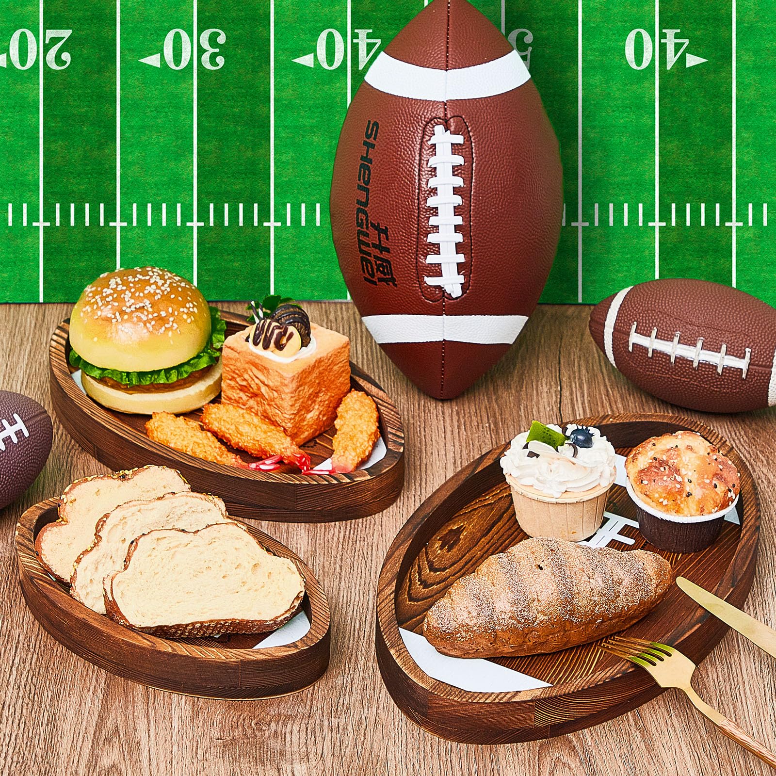 Geetery 3 Pcs Football Serving Trays Wooden Shaped Football Plates Football Serveware Tailgate Party Serving Platter For Game Pa