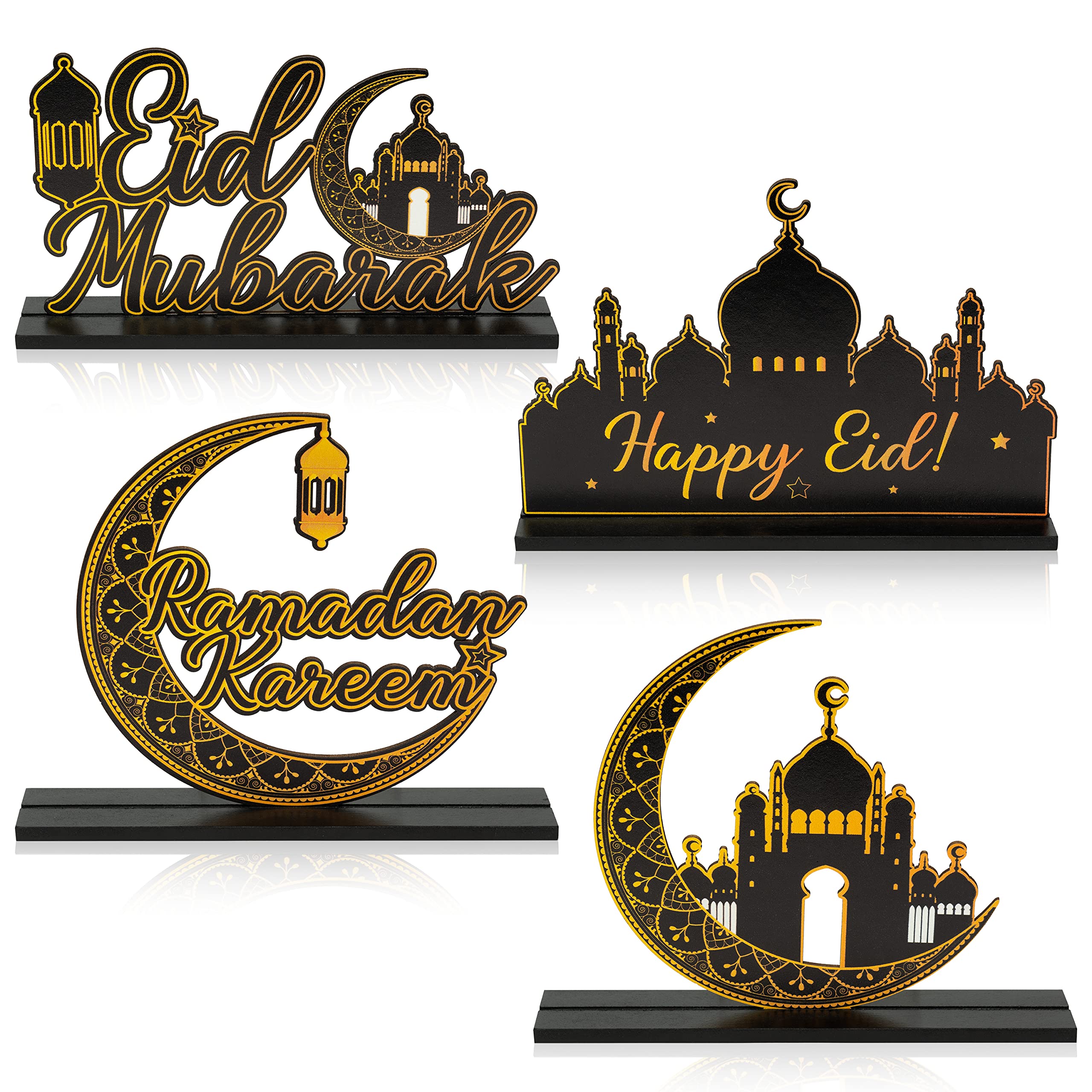 WATINC 4pcs Ramadan Kareem Wooden Table Topper Centerpiece Decorations, Happy Eid Mubarak Party Wood Tiered Tray Signs Table Dec