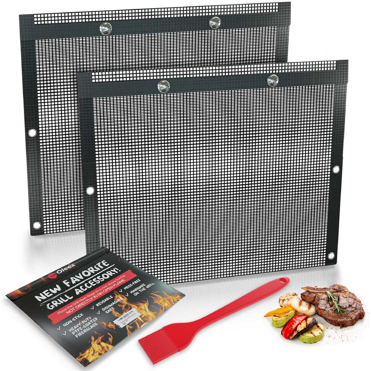 Bbq Non-Stick Large Mesh Grilling Bags + Basting Brush - Reusable Ptfe Mesh Indoor Outdoor Charcoal Barbecue Grill Bag Accessori