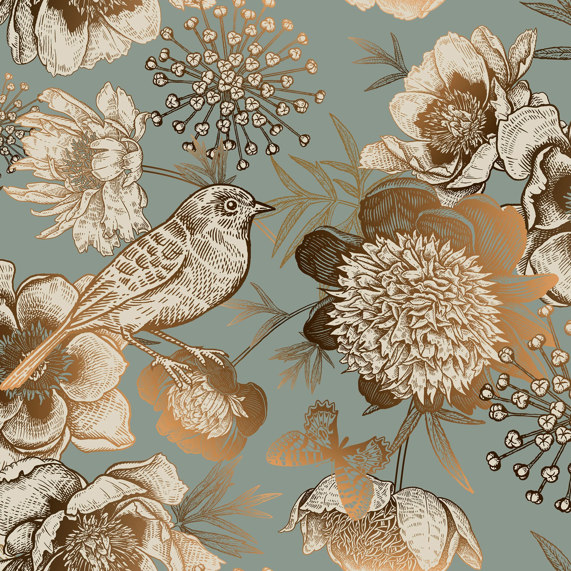 ReWallpaper 17.5in?39ft Gold Peel and Stick Wallpaper Vintage Floral Wallpaper Gold Birds Floral Removable Wallpaper Stickers fo