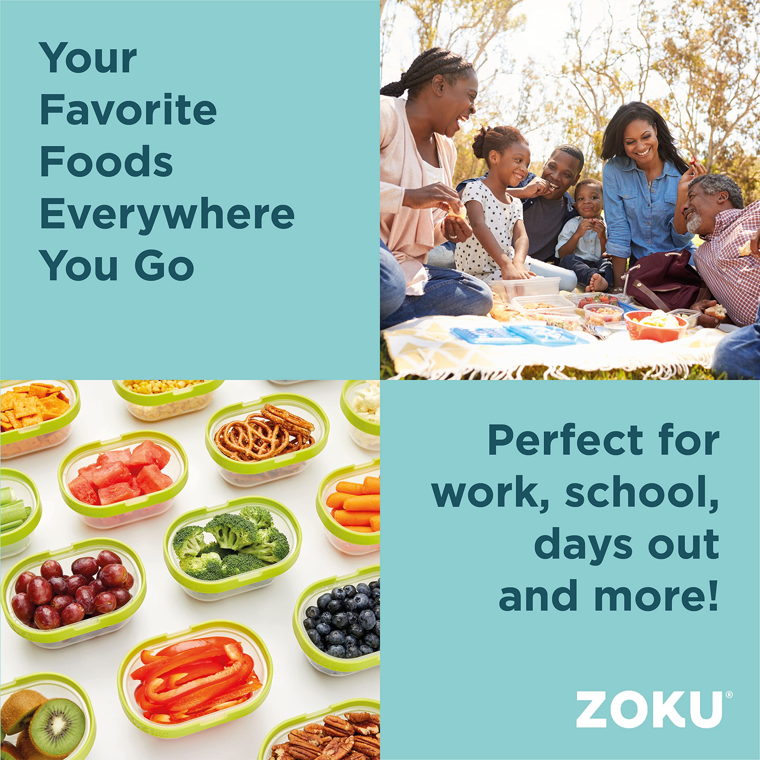 Zoku Food Storage Containers With Lids, Set Of 2 Reusable Airtight 1.5-Cup Snack Containers, Bpa Free (Neat Stack) (4 Piece)