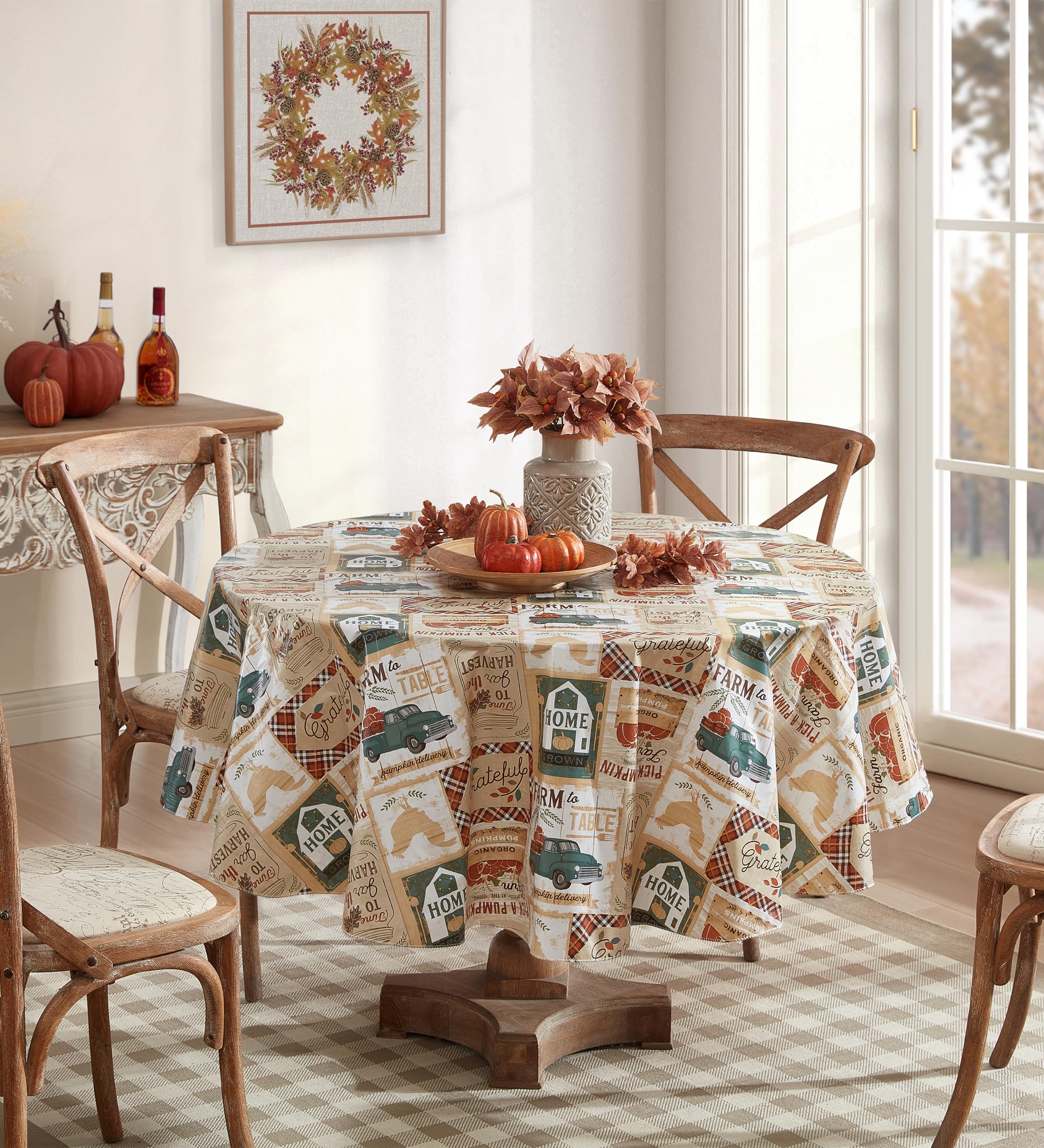 Newbridge Teal Blue Brookside Autumn Farmyard Vinyl Flannel Backed Tablecloth, Farm To Table Thanksgiving Fall Cottage Harvest W