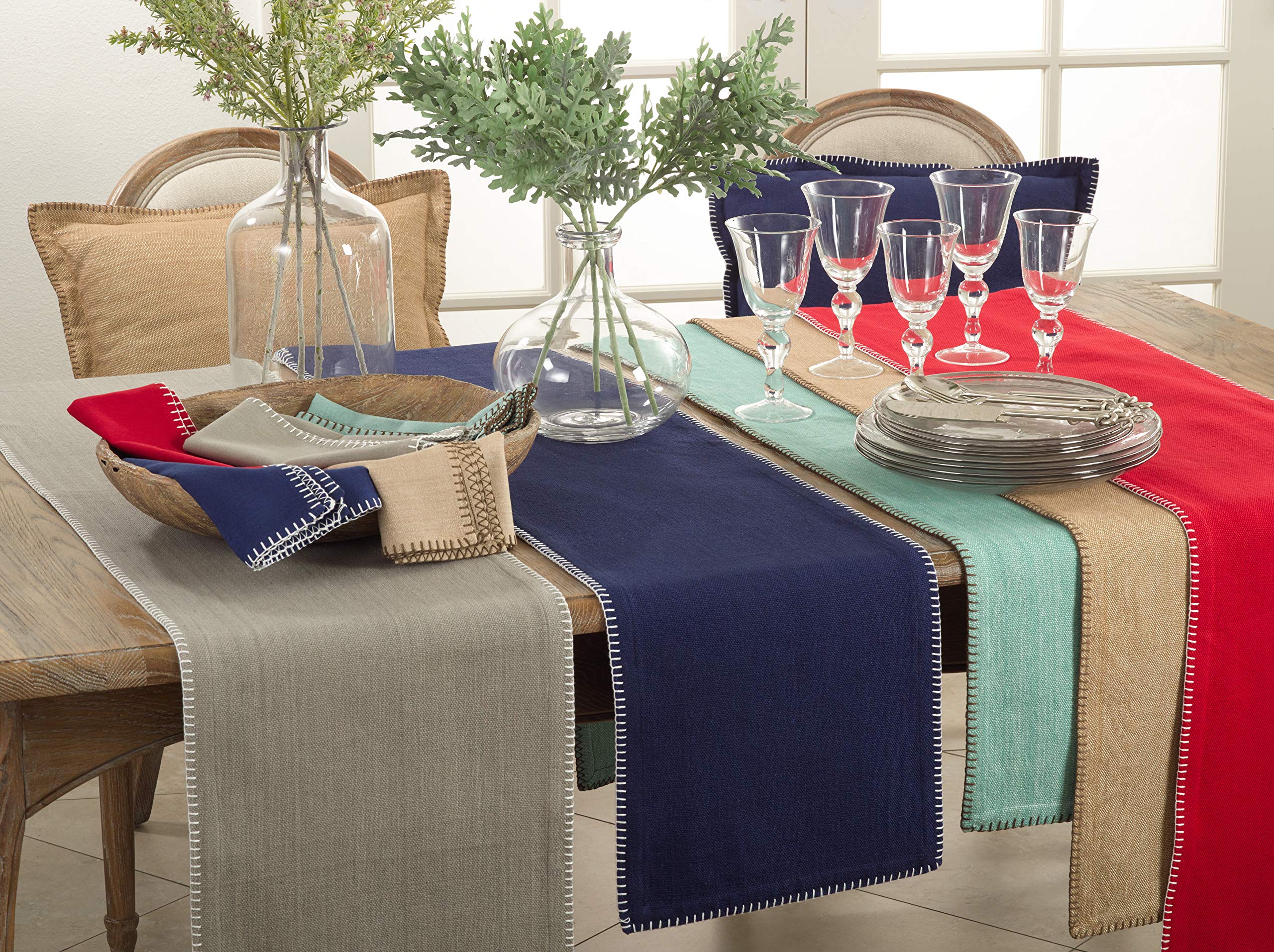 Saro Lifestyle Whip Stitched Design Cotton Table Runner, Aqua, 13''X72''
