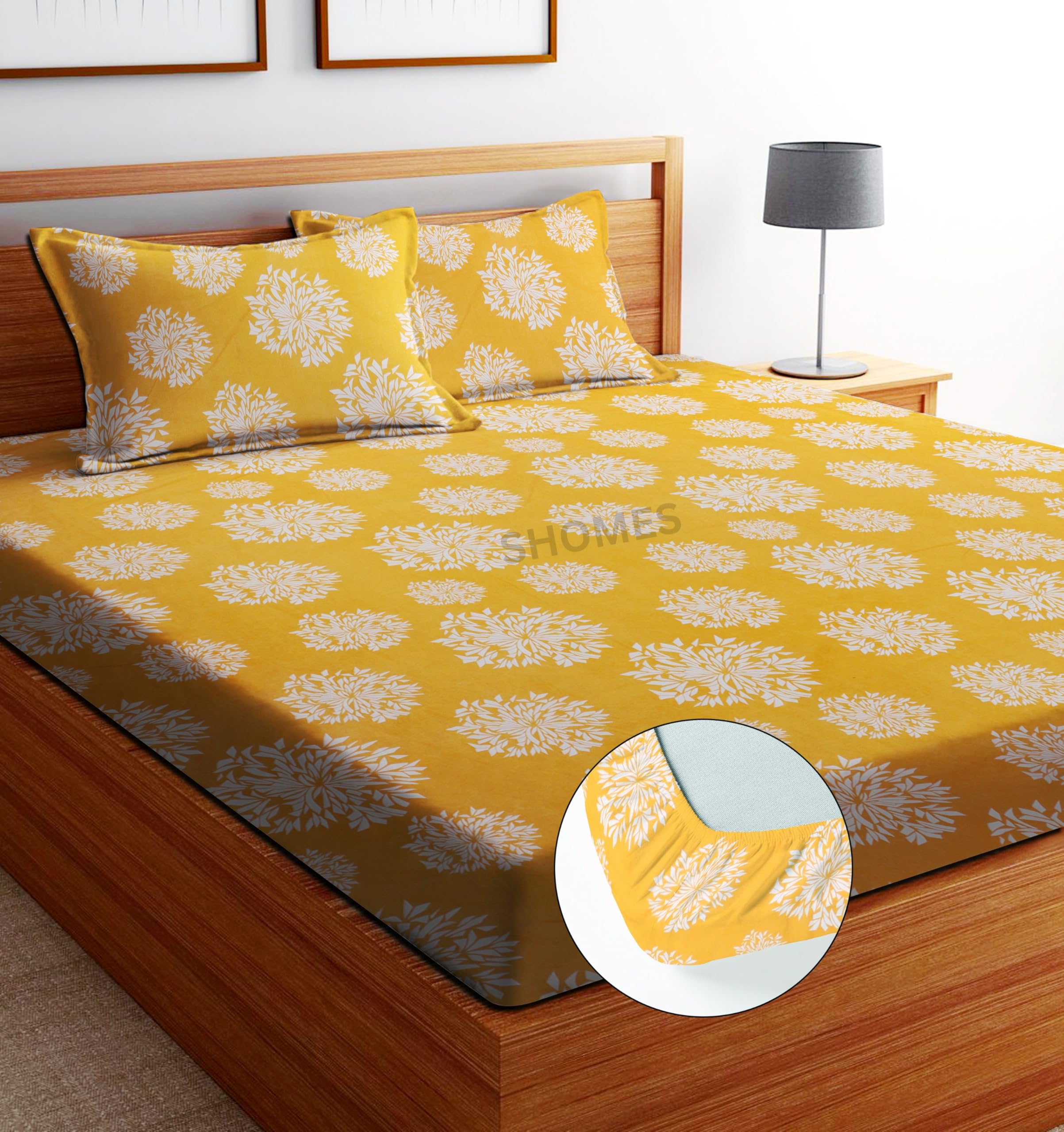 SHOMES Elastic Fitted Bedsheets with 2 King Size Pillow Covers | Double Bed with All Around Elastic, Size 72 x 78 x 8 Inches (Ye