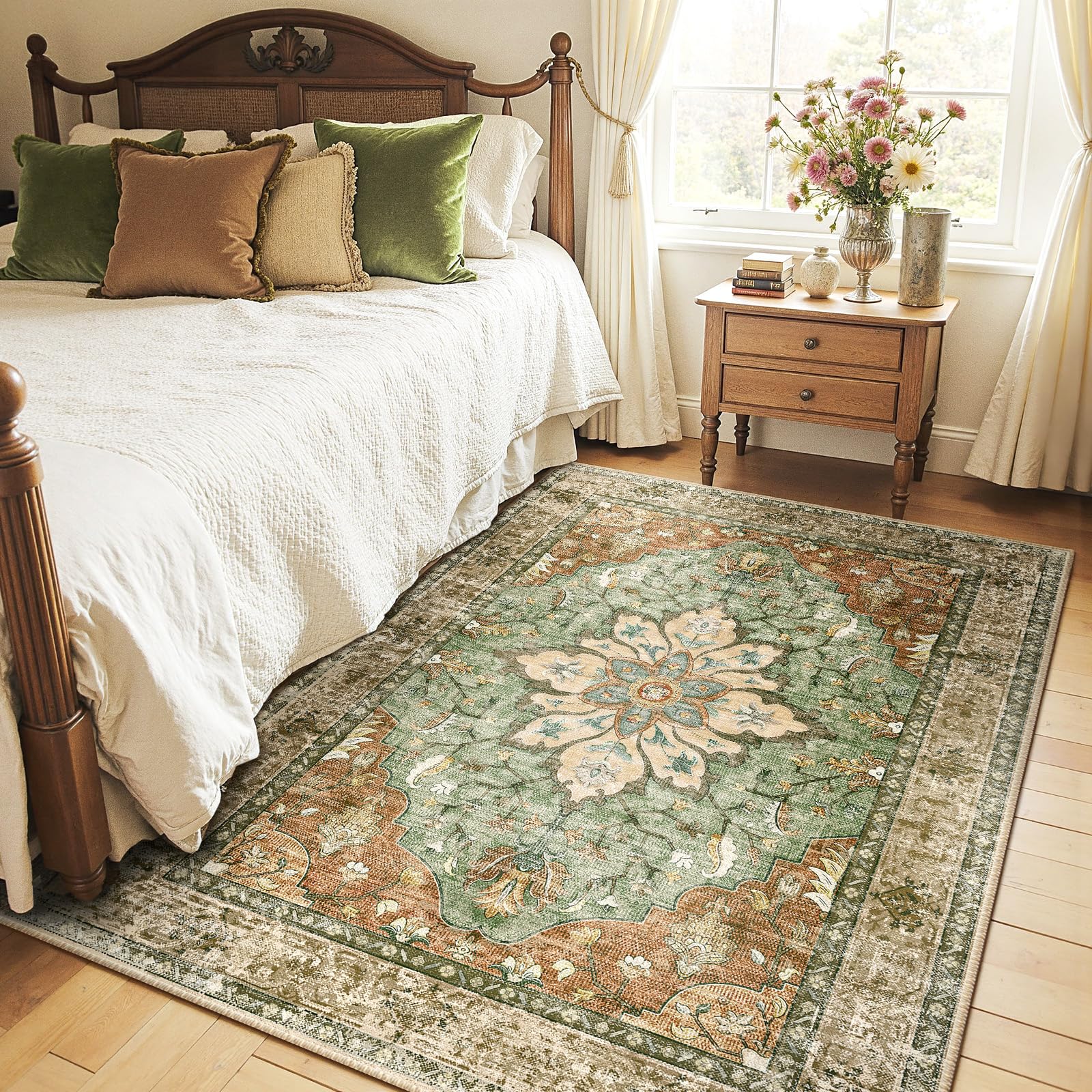 RELEANY Area Rugs 4x6 Washable Non-Slip, Floral Vintage Distress Print Pattern Medallion Carpet for Living Room Bedroom Dining
