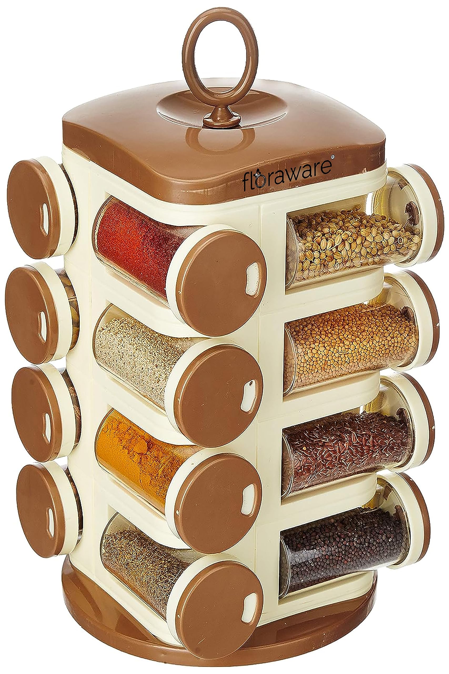 Floraware Revolving 16 Jars Spice Rack, Kitchen Masala Box, Light Brown, Bpa Free