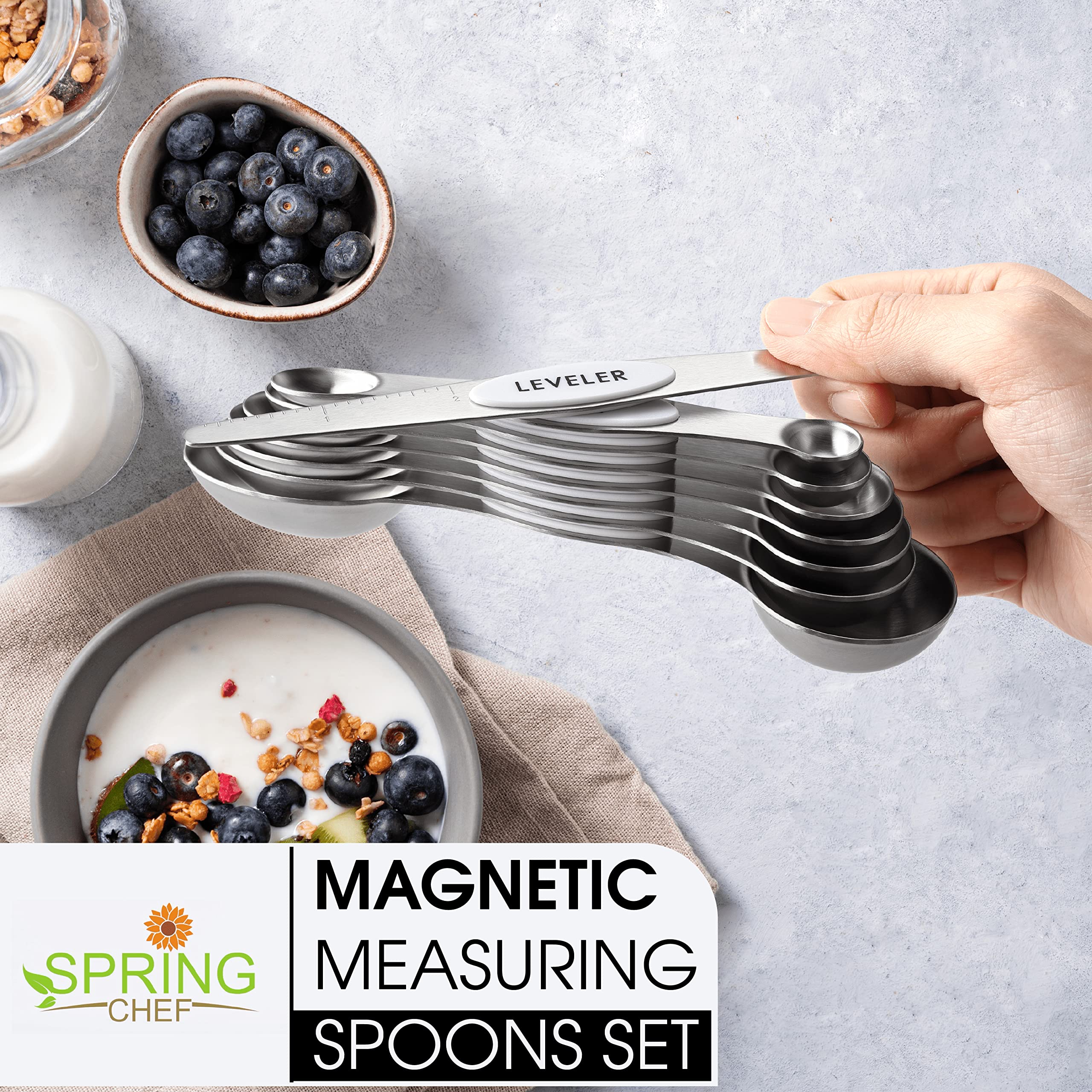 Spring Chef White Stainless Steel Magnetic Measuring Spoons Set Of 8 With Leveler, Dual Sided Metal Teaspoon & Tablespoon Measur