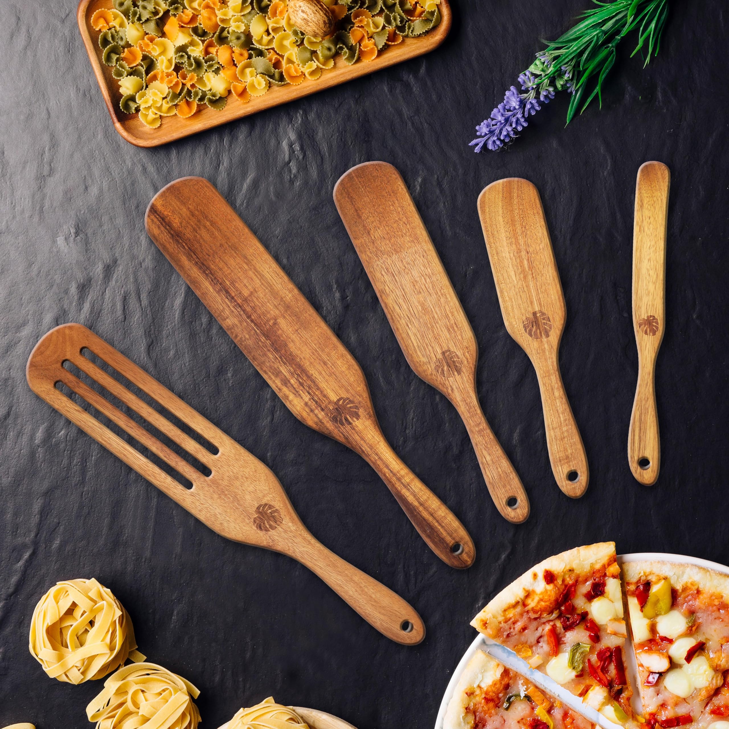 PLANTÉA Wooden Spurtle Set - Large Heat Resistant Acacia Kitchen Tools, Brown, Ideal for Stirring, Mixing, Whisking, and Serving