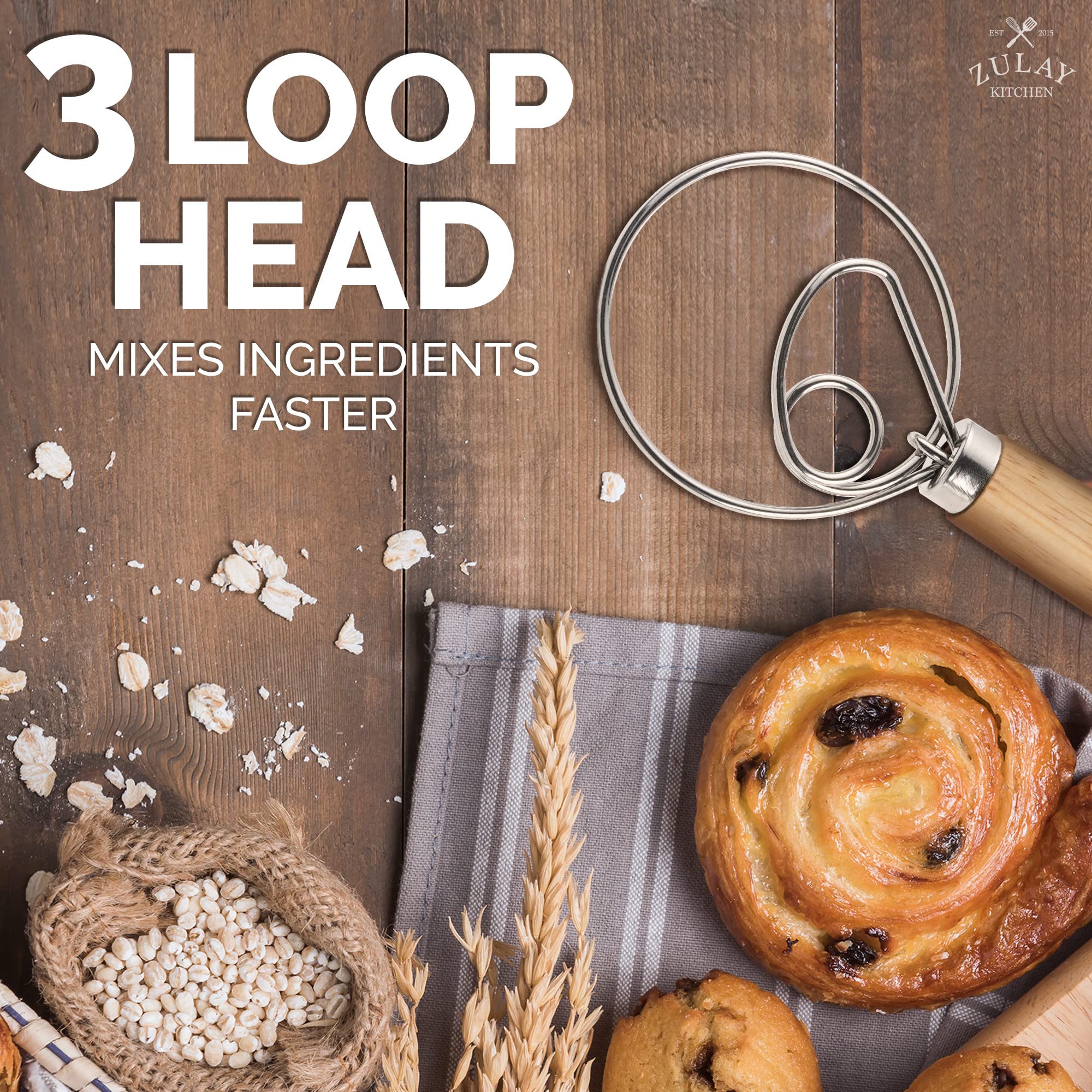 Zulay Kitchen 13-Inch Danish Dough Whisk - Wooden Danish Whisk For Dough With Stainless Steel Dough Hook - Traditional Dutch Whi