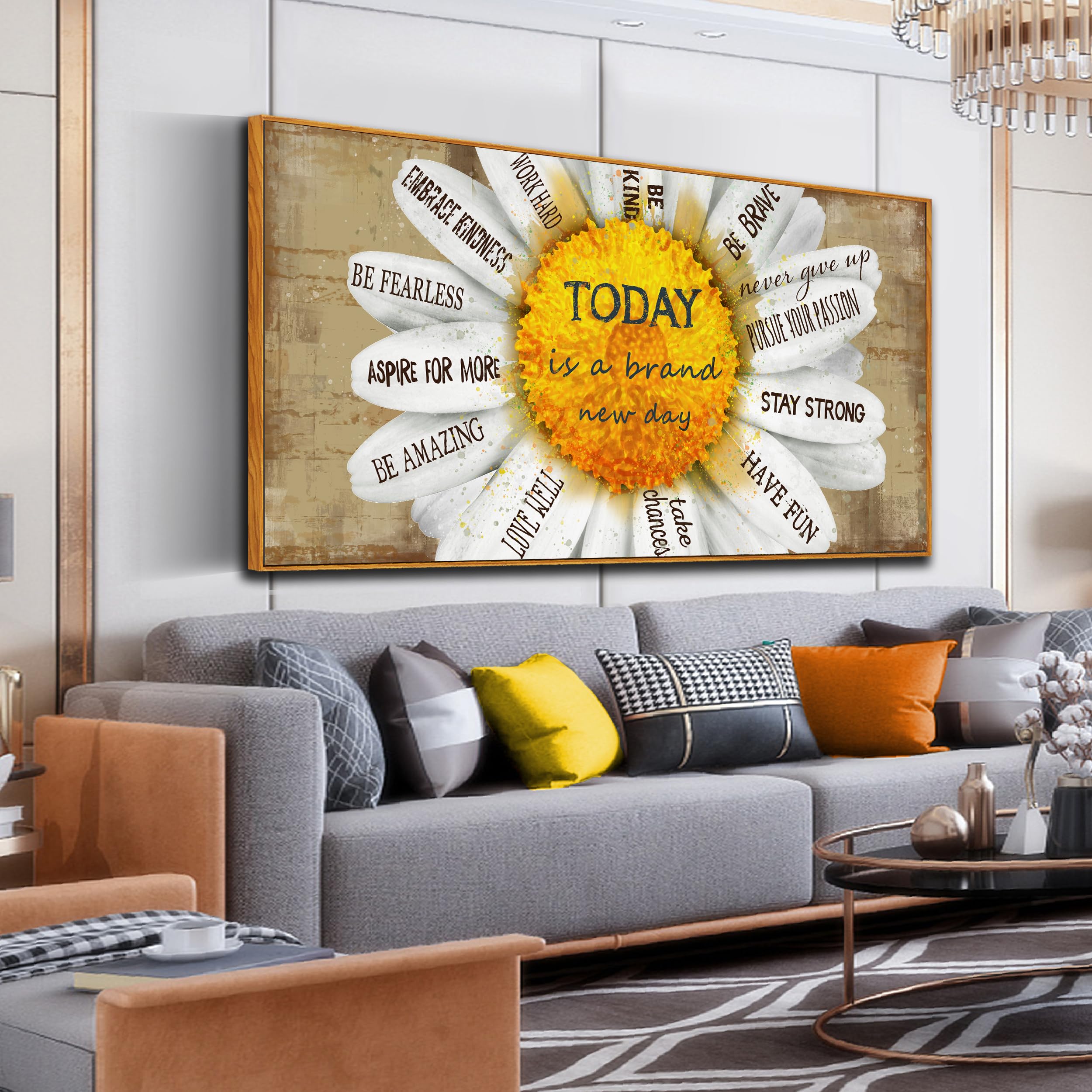 Framed Inspirational Wall Art Living Room - Yellow Pictures Wall Decor - Canvas Wall Art Flowers Ready To Hang Size 29'' X 59''